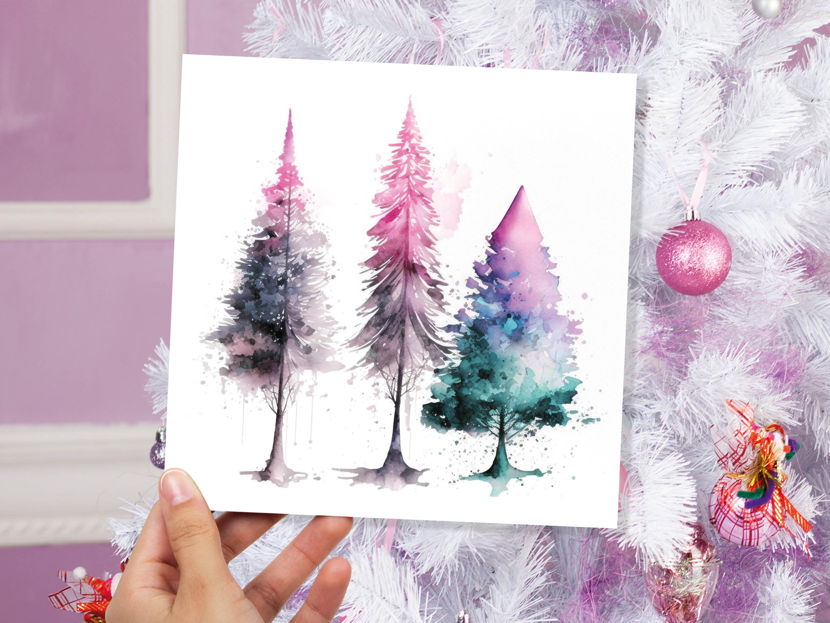 Messy Watercolour Trees Christmas Card Teal Purple Pink Green Modern Elegant Fir Tree Painting Greetings Cards For Family Friends Xmas 2025