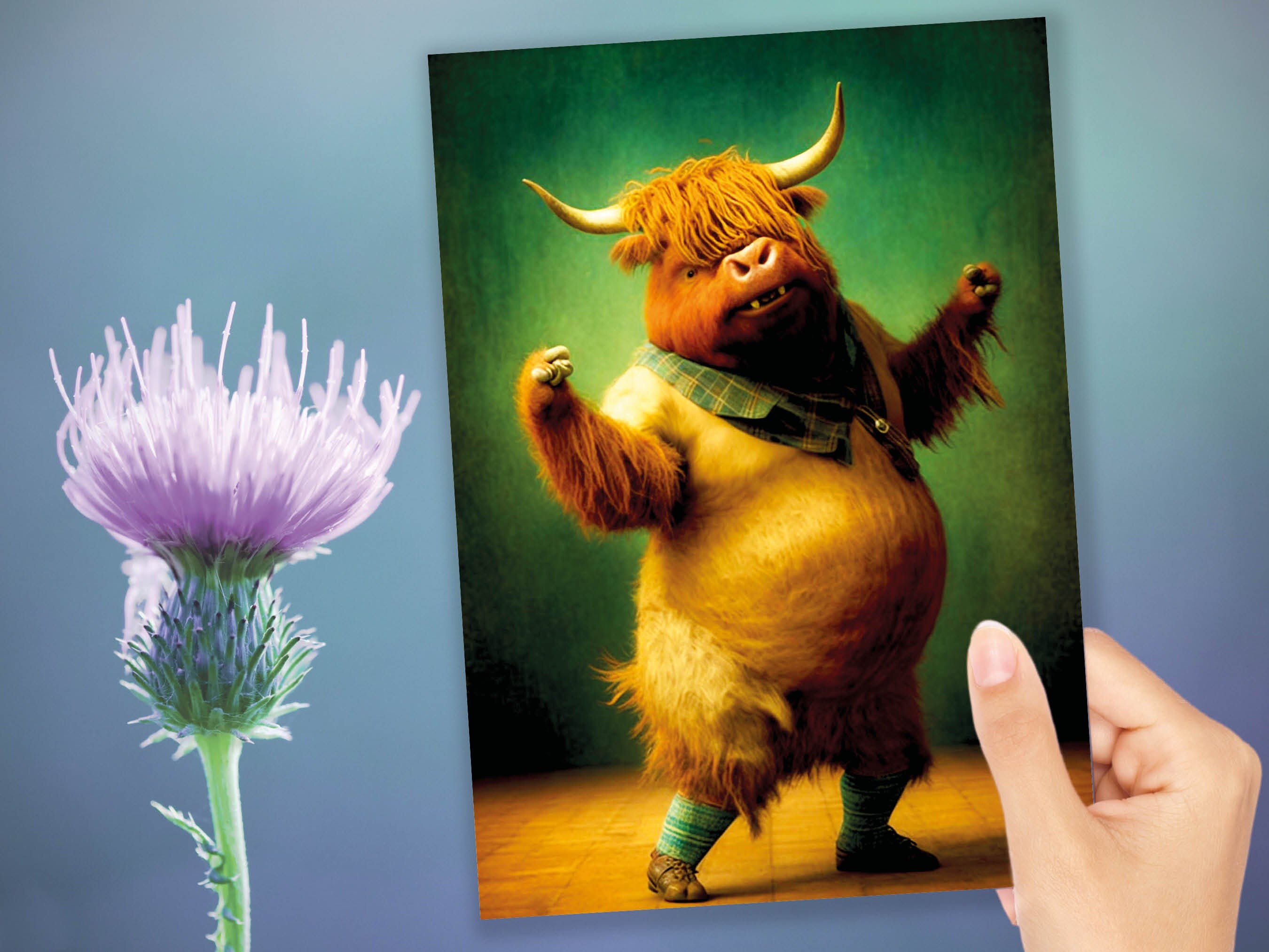 Highland Cow Celebrating Achievement Card Well Done Congrats Flexing Muscles Dancing Bodybuilding Pose Strength Encouragement You Got This - View 10