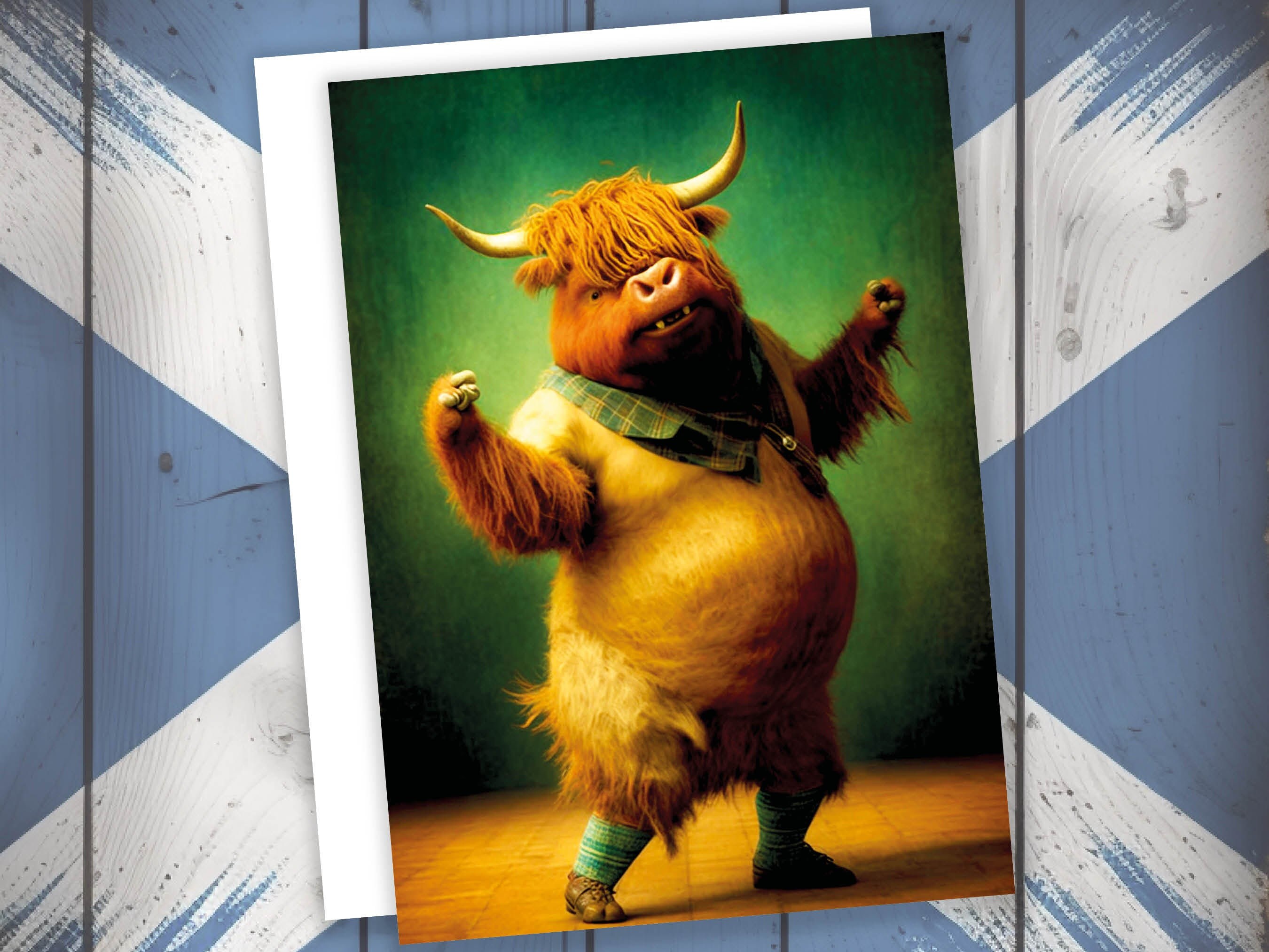 Highland Cow Celebrating Achievement Card Well Done Congrats Flexing Muscles Dancing Bodybuilding Pose Strength Encouragement You Got This - View 7