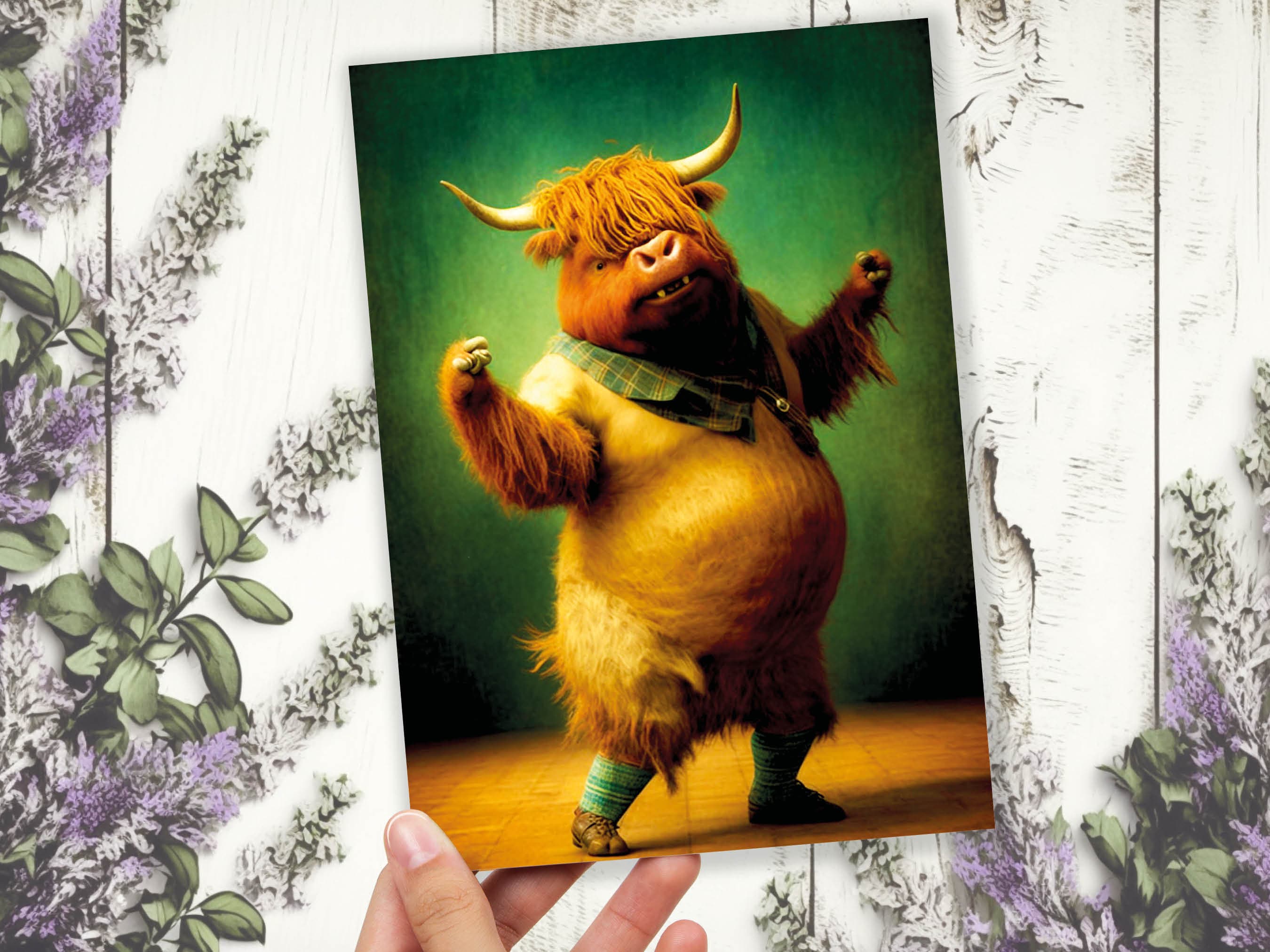 Highland Cow Celebrating Achievement Card Well Done Congrats Flexing Muscles Dancing Bodybuilding Pose Strength Encouragement You Got This - View 5