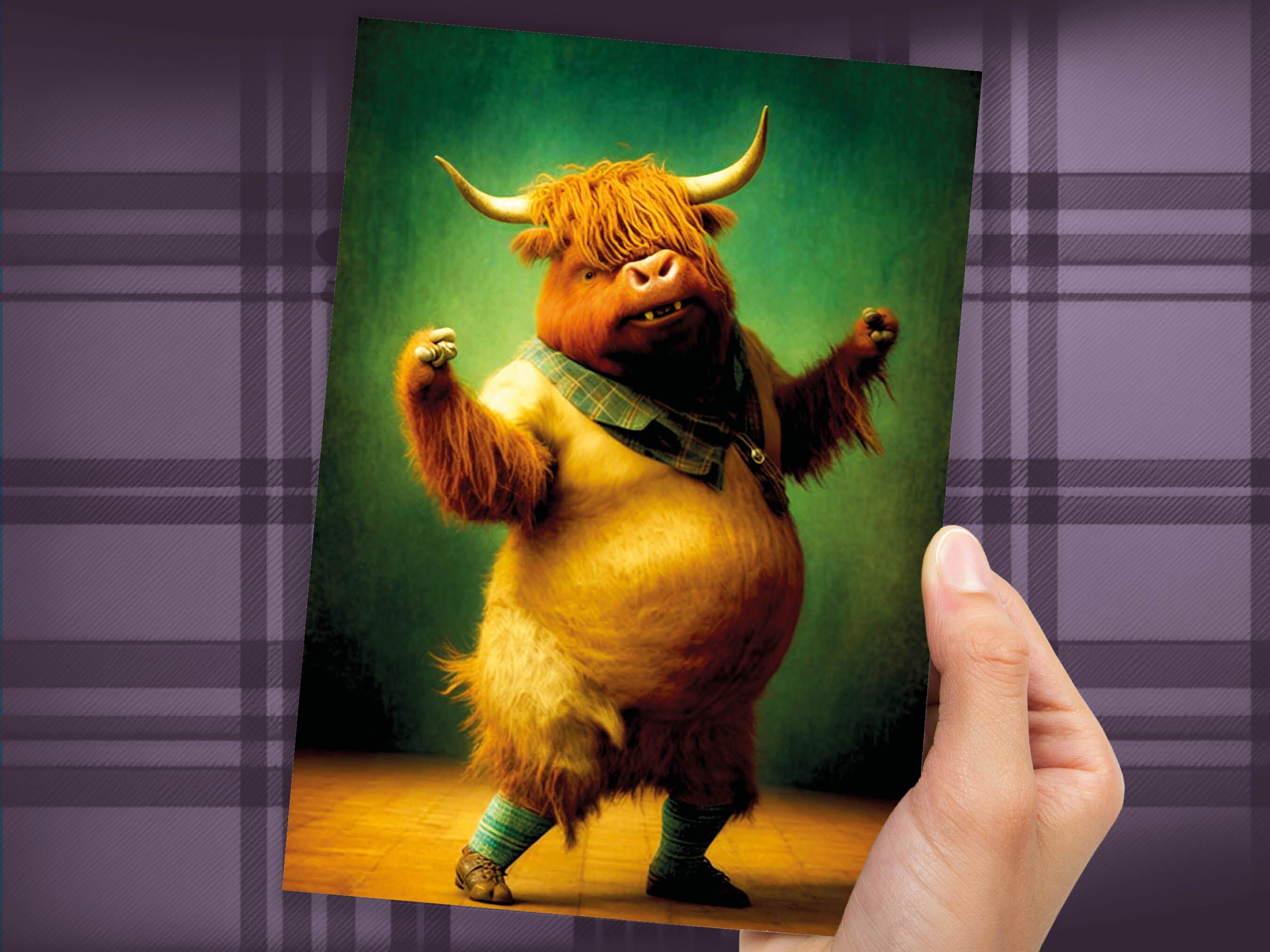 Highland Cow Celebrating Achievement Card Well Done Congrats Flexing Muscles Dancing Bodybuilding Pose Strength Encouragement You Got This - View 6