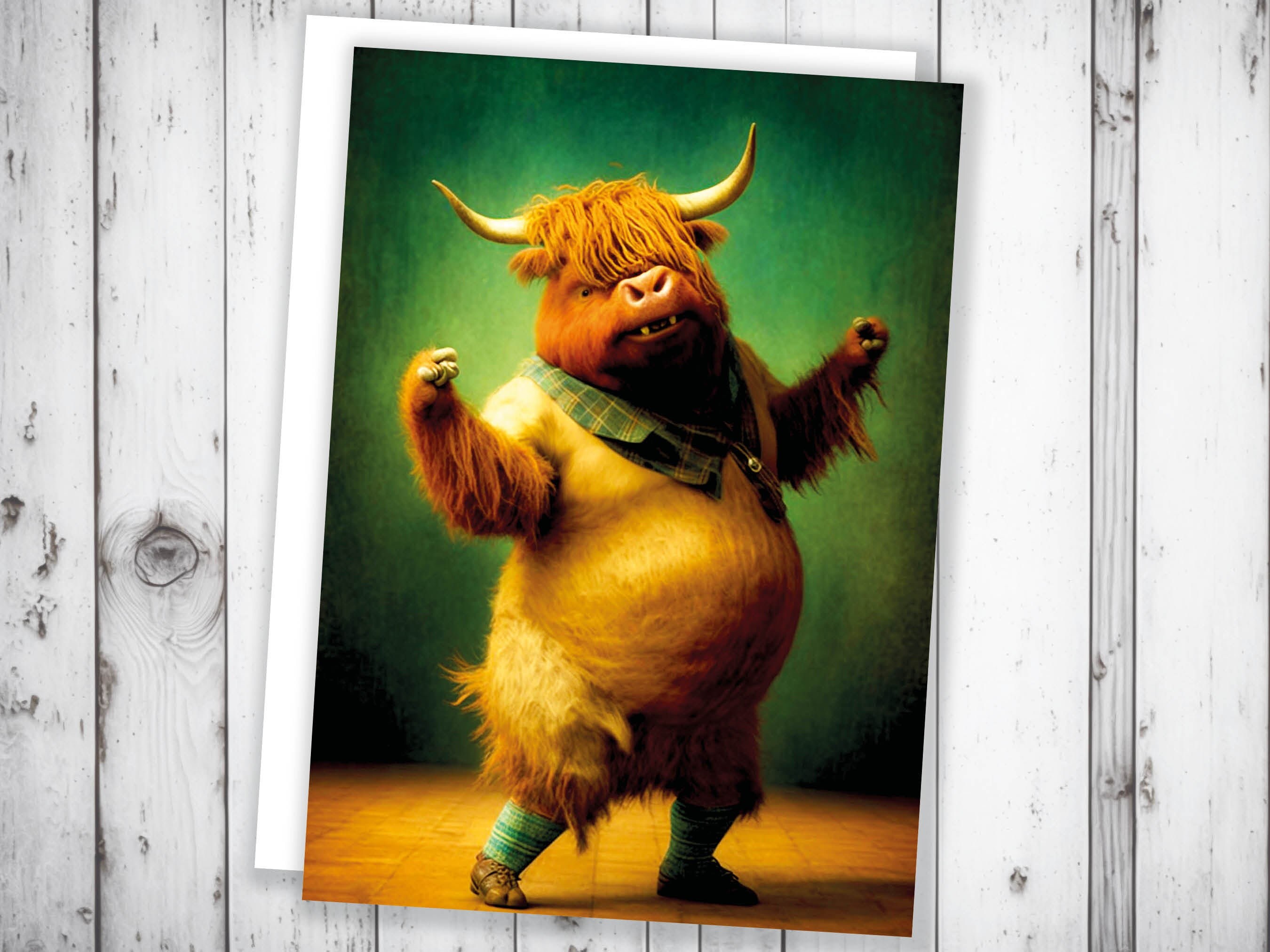 Highland Cow Celebrating Achievement Card Well Done Congrats Flexing Muscles Dancing Bodybuilding Pose Strength Encouragement You Got This - View 8