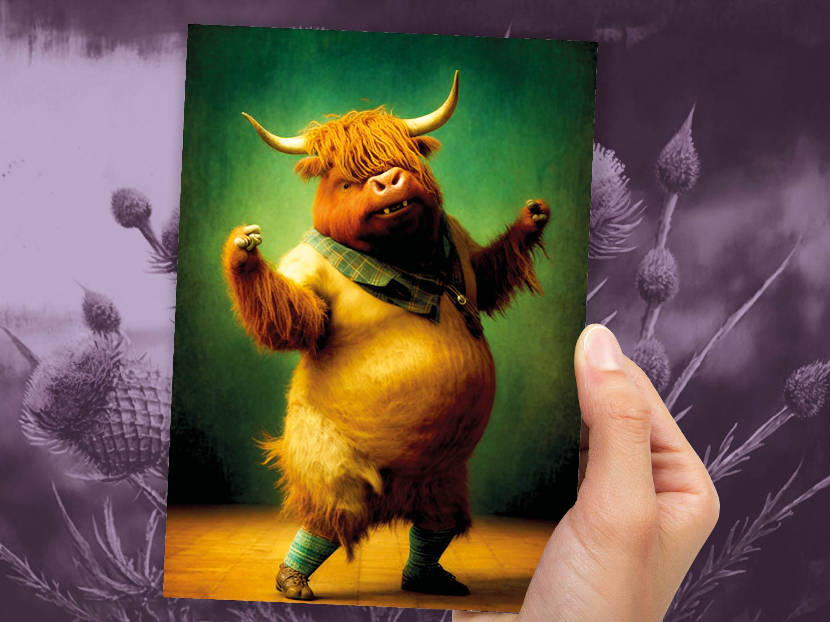 Highland Cow Celebrating Achievement Card Well Done Congrats Flexing Muscles Dancing Bodybuilding Pose Strength Encouragement You Got This - View 9