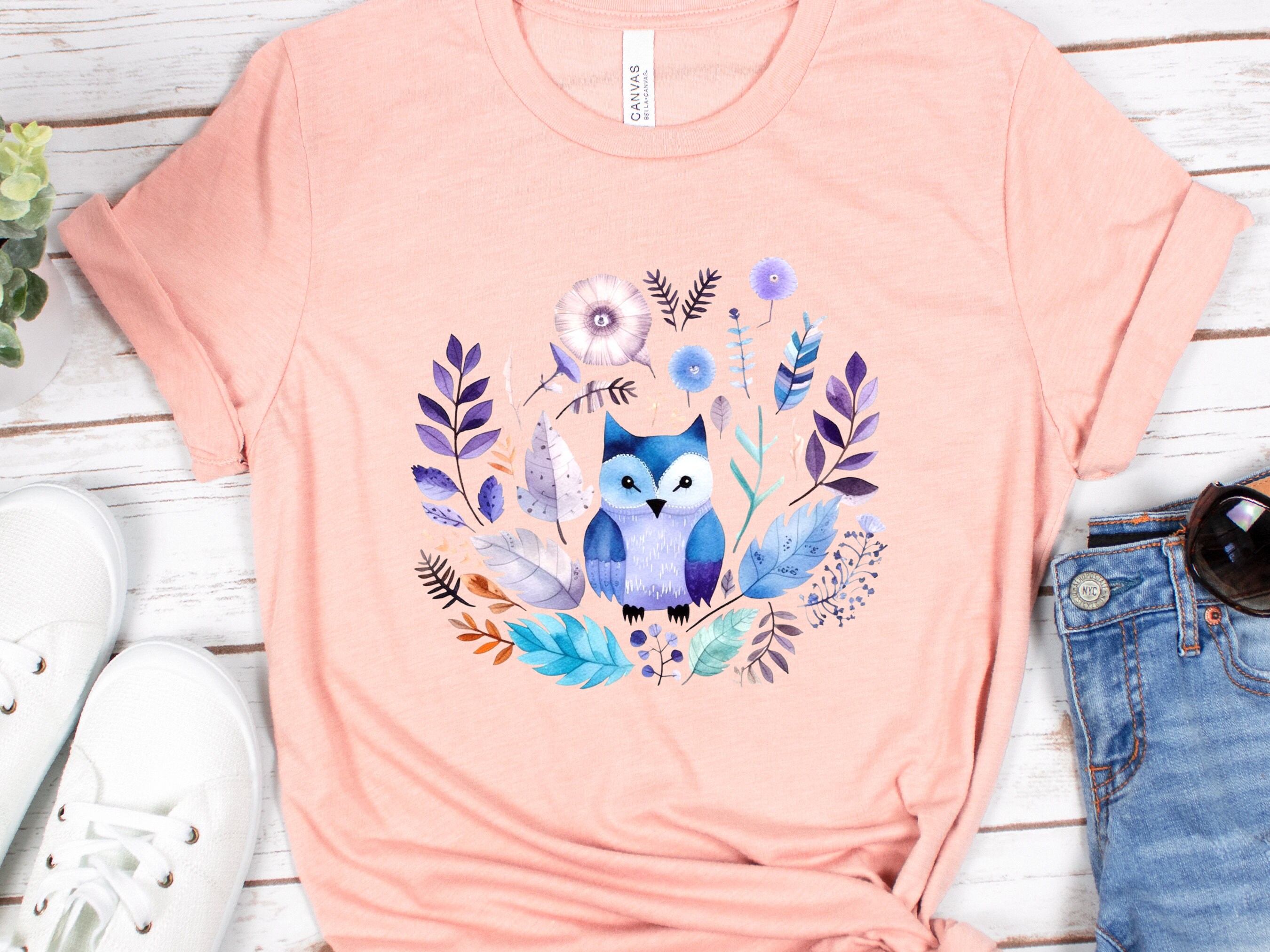 Cute Owl Shirt Enchanted Boho Owl Watercolour T-Shirt in Purple Blue Nature Lover Gift for Bird Lovers Wisdom Shirt Ornithology Tee for Her