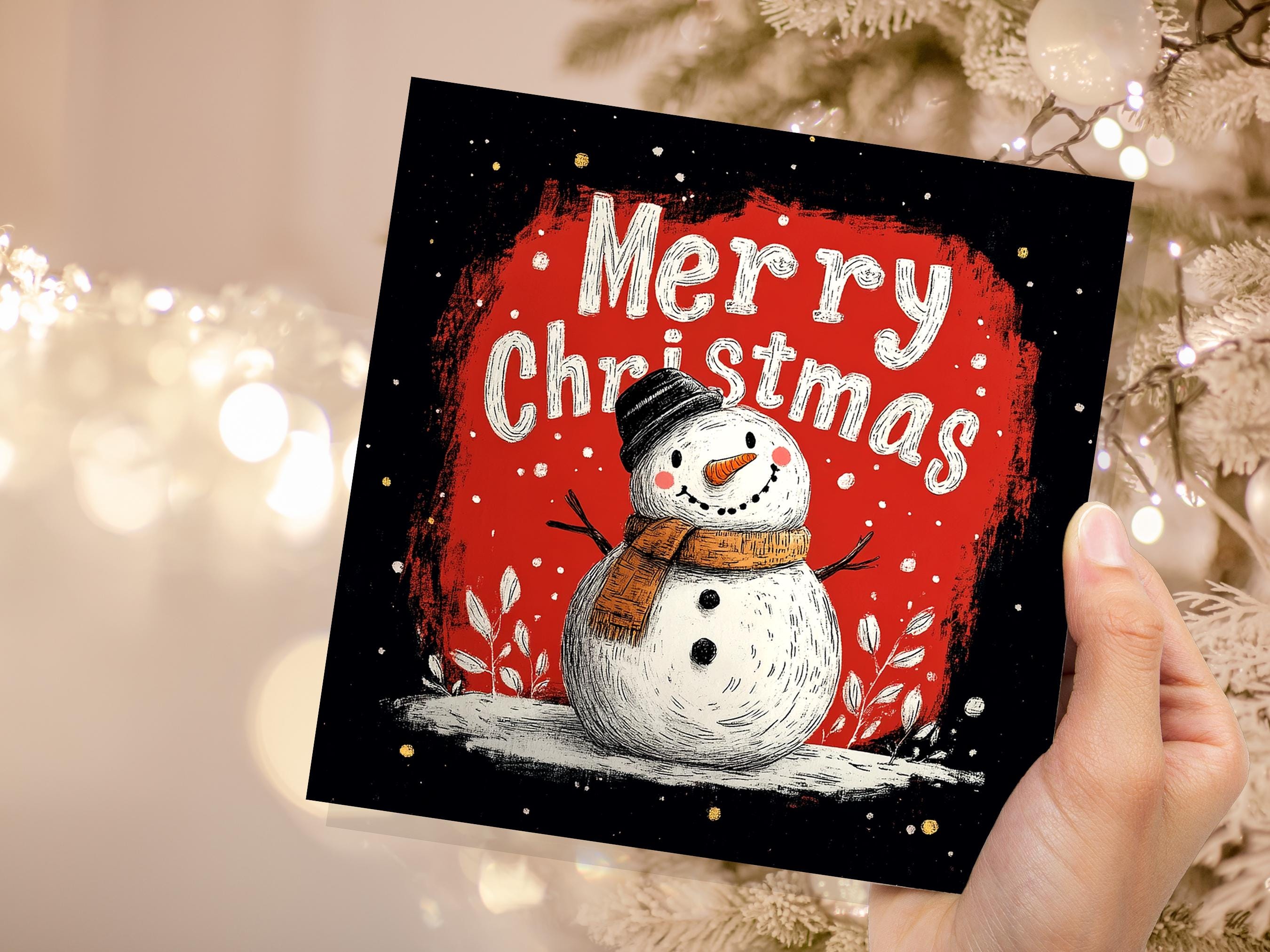 Merry Christmas Lettering Card with Cute Snowman Illustration Festive Red Background Family & Friends Unique Holiday Card New for Xmas 2025