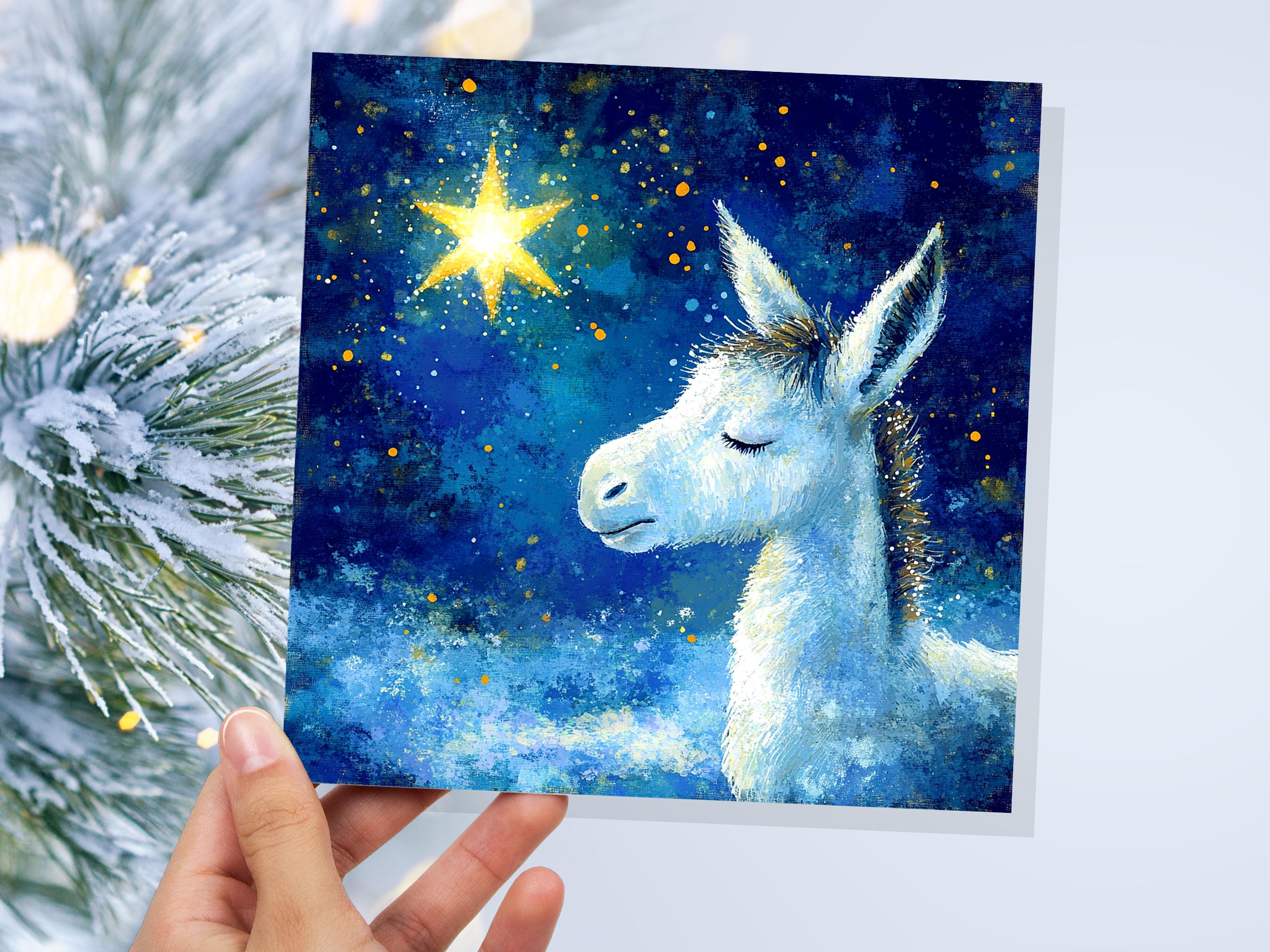 Christmas Card Donkey with North Star of Bethlehem Blue White Gold Starry Night Sky Nativity Unique Festive Greetings for Donkey Lovers 2025