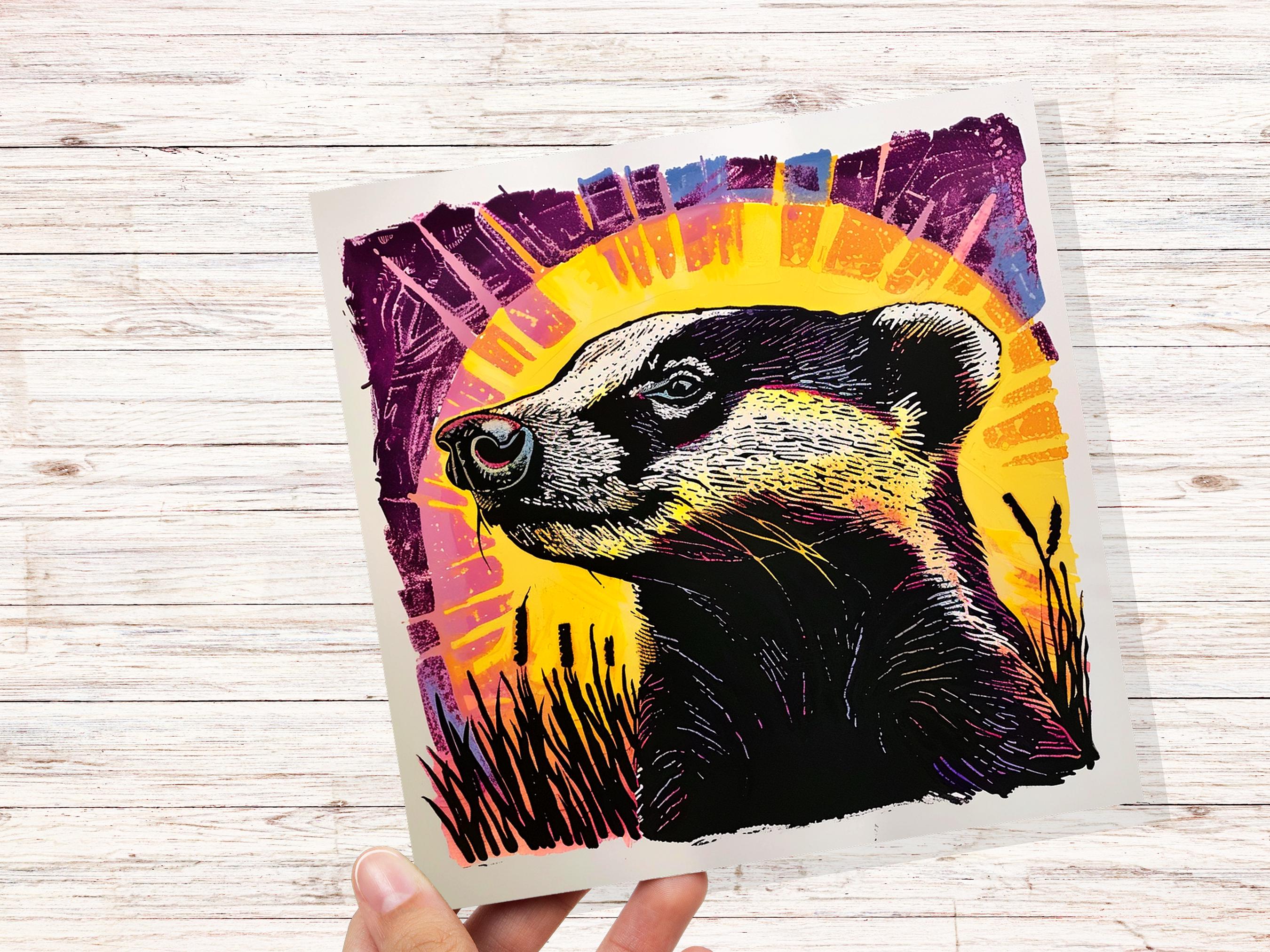 Linocut Badger Card Unique Vibrant Sunset Wildlife Art Spring Summer Countryside Farmland Scene Pink Yellow For Nature Lovers Family Friends