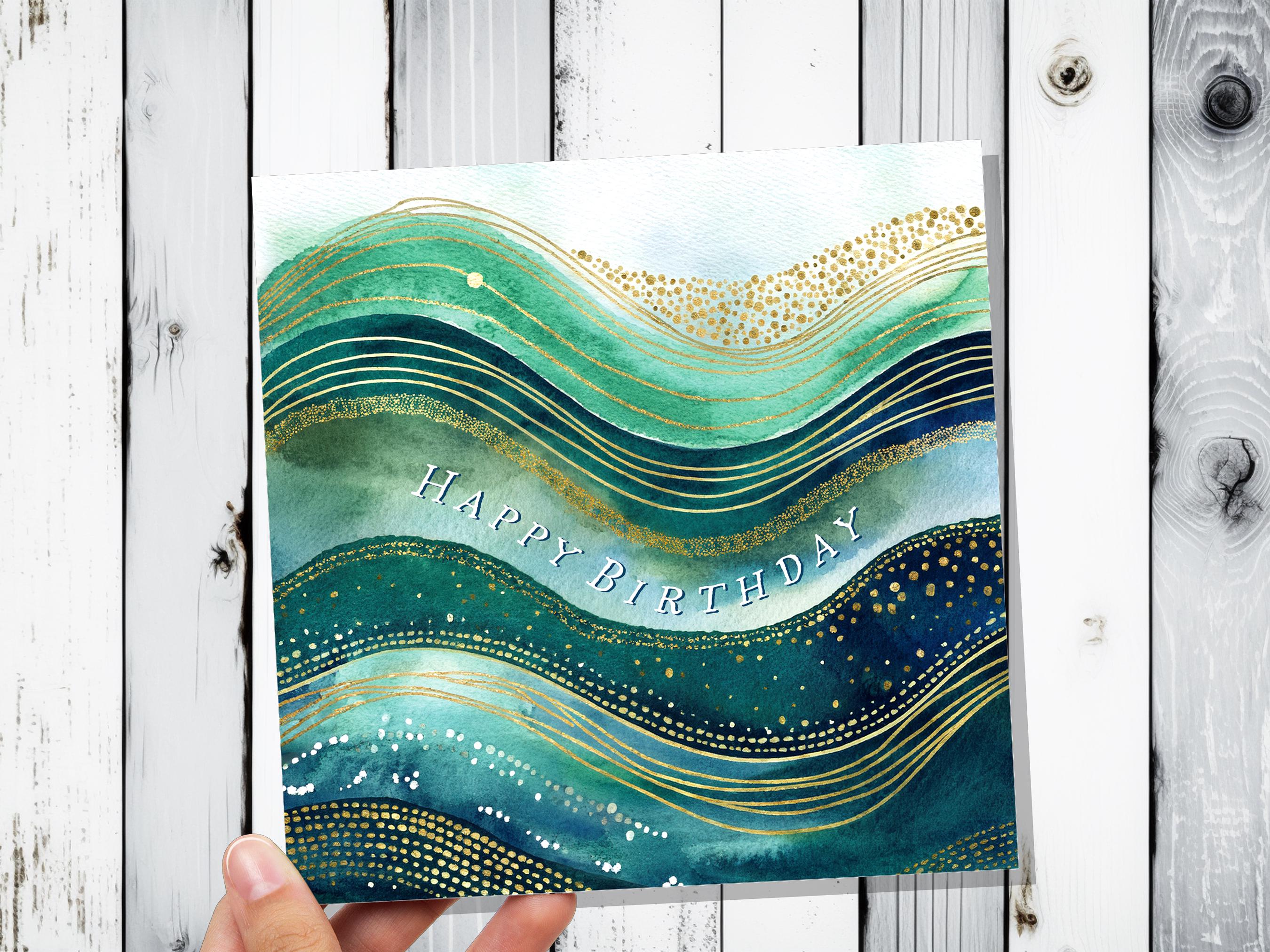 Ocean Birthday Card Luxury Watercolour Gold and Teal Waves Abstract Under the Sea Themed Design Eco Friendly Swimming Beach New for 2025