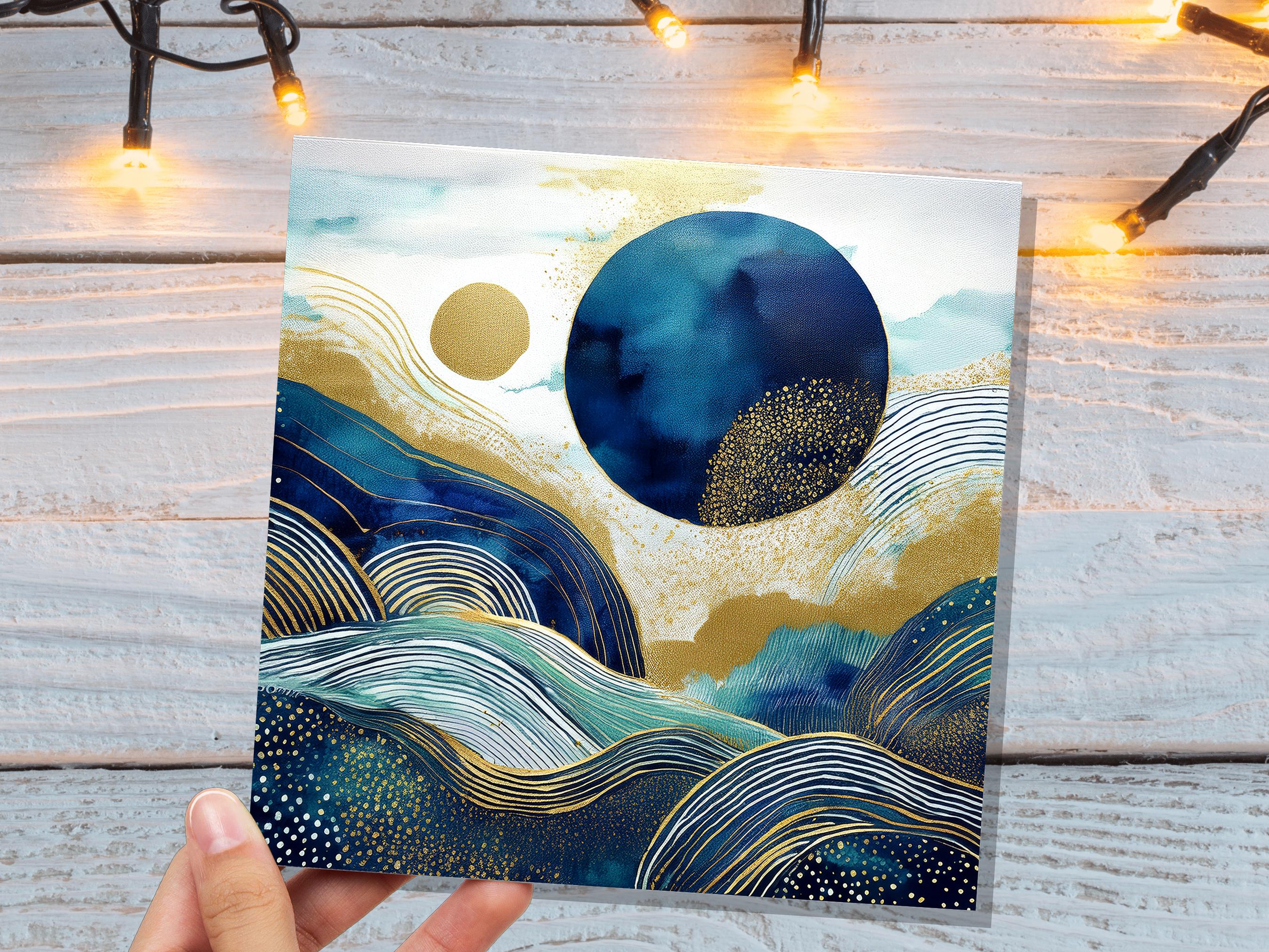 Prussian Blue and Gold Landscape Card For Art Lovers Sustainable Abstract Watercolour Design Moon Mountains Ocean Scene Modern Any Occasion