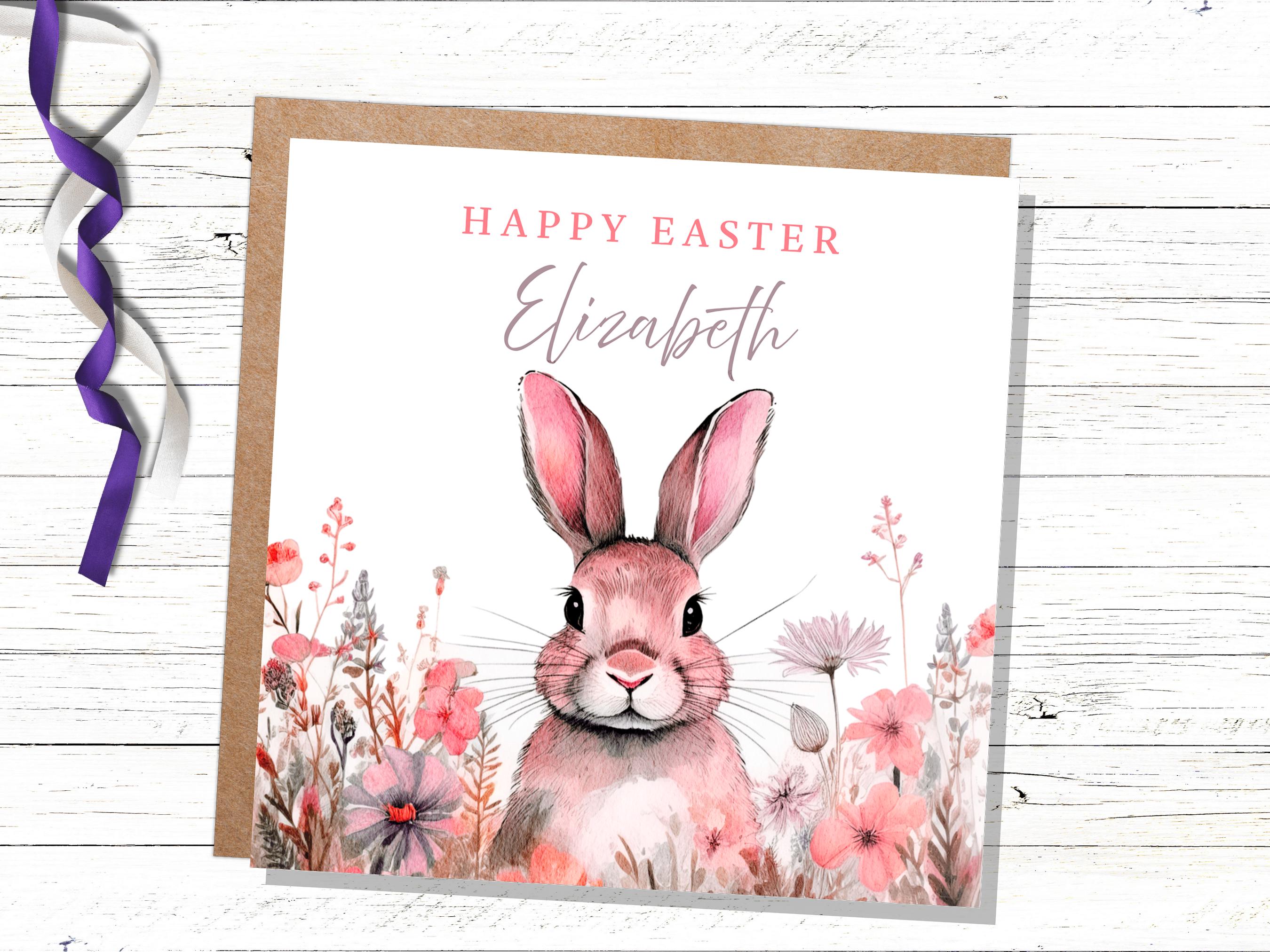 Personalised Pink Easter Bunny Card for Granddaughter Daughter Watercolour Rabbit with Pink Flower Crown Eco Friendly Cute Custom Kids Name
