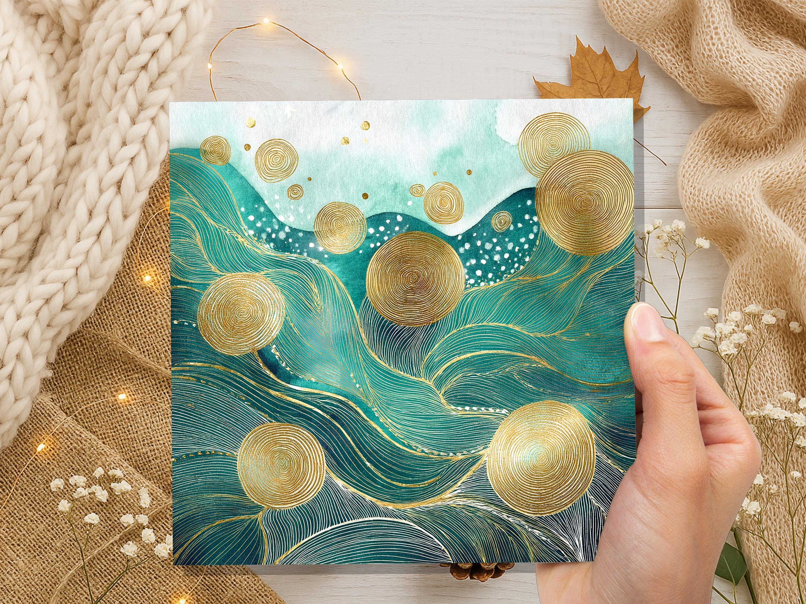 Ocean Waves Abstract Greeting Card Any Occasion For Nature Lovers Sea Green Blue with Gold Calming Doodle Patterns Eco Friendly Meditation
