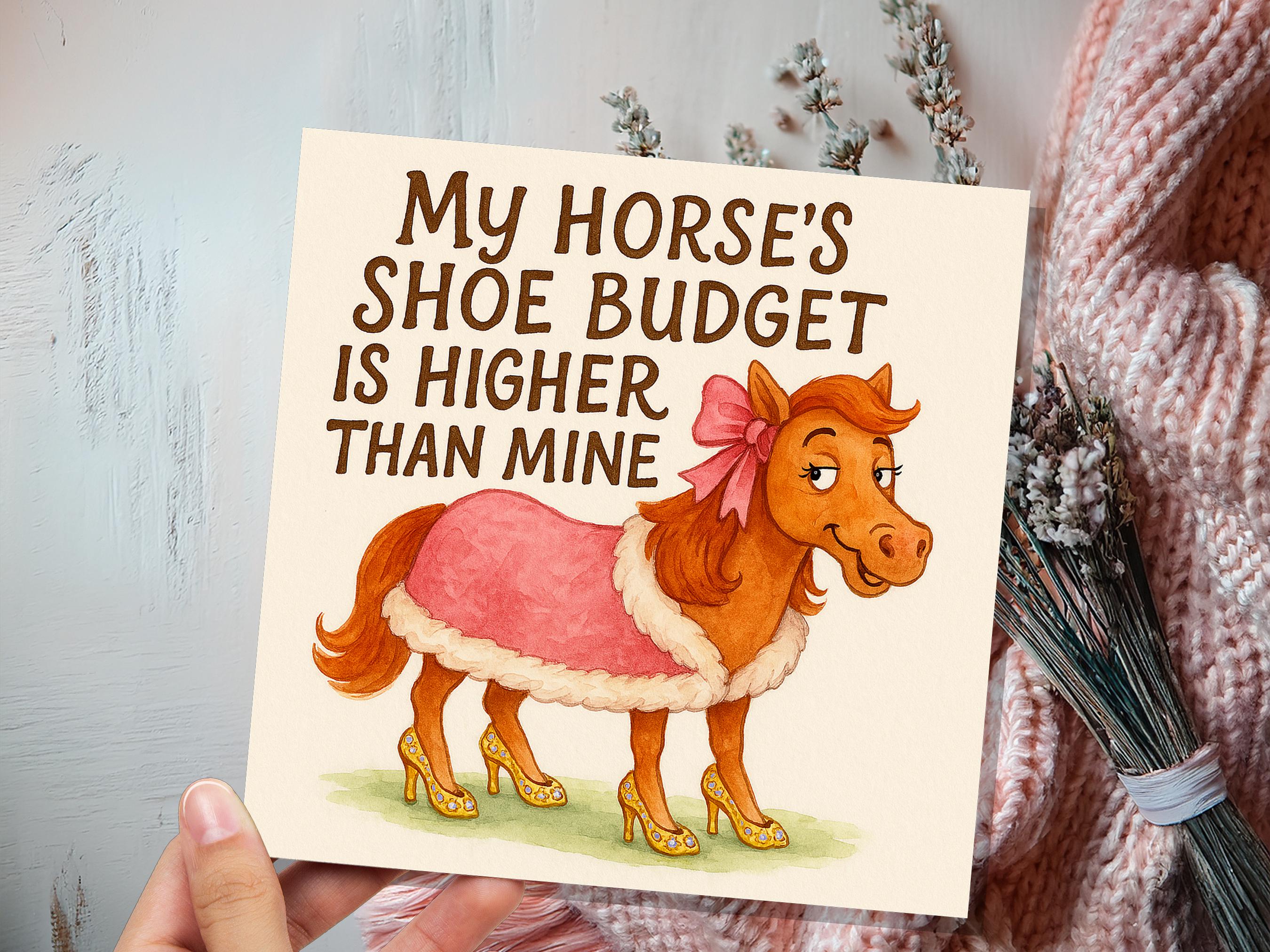 Funny Horse Birthday Card - My Horse's Shoe Budget Is Higher Than Mine - Equestrian Shoes Quote Card For Horse Lover Her Humorous Rider Gift