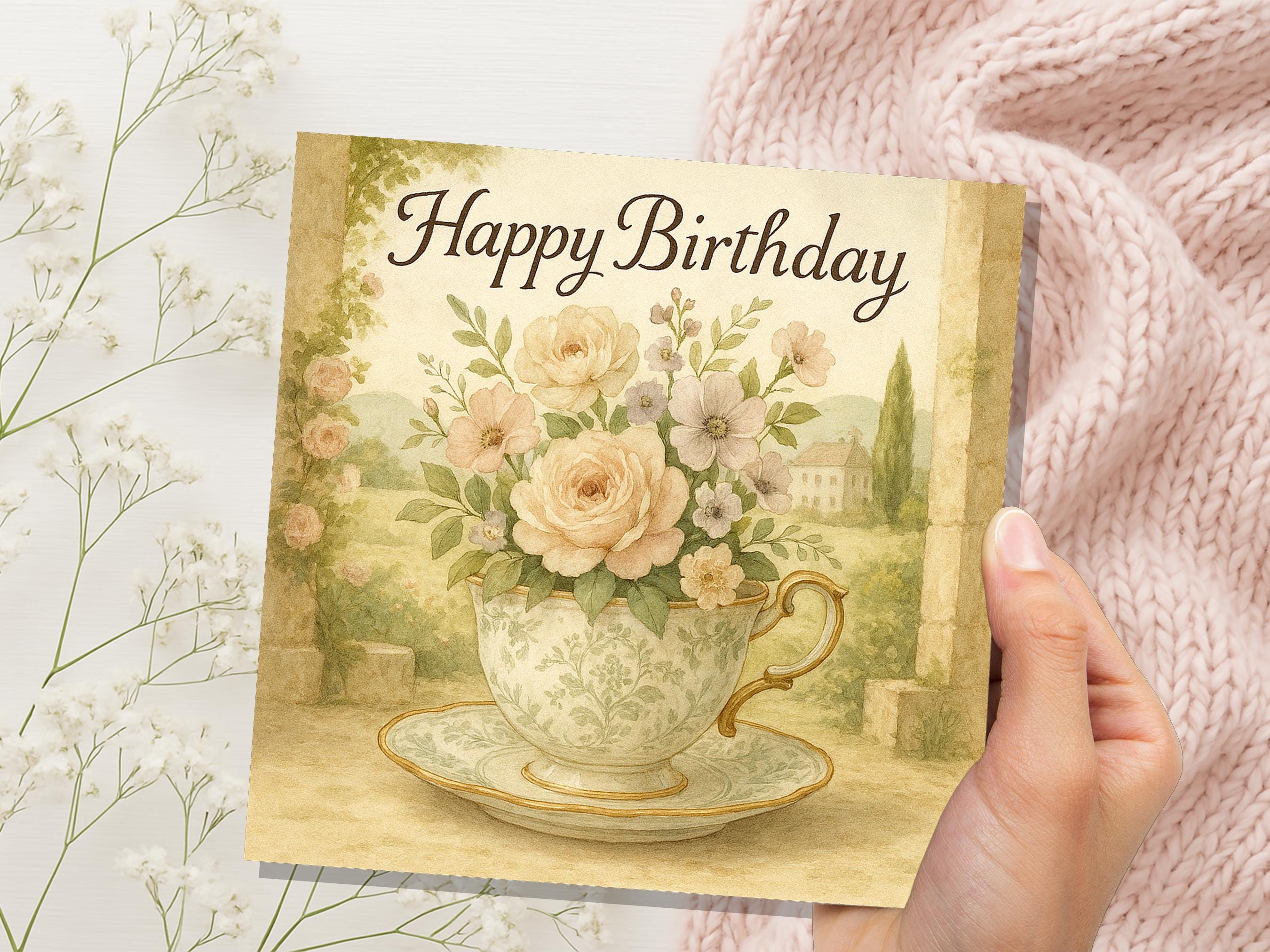 Chateaucore Birthday Card, Vintage Teacup Floral Roses, Cottagecore, Watercolour Flowers, Garden Tea Party Elegant Pretty Gift Friend Mum UK