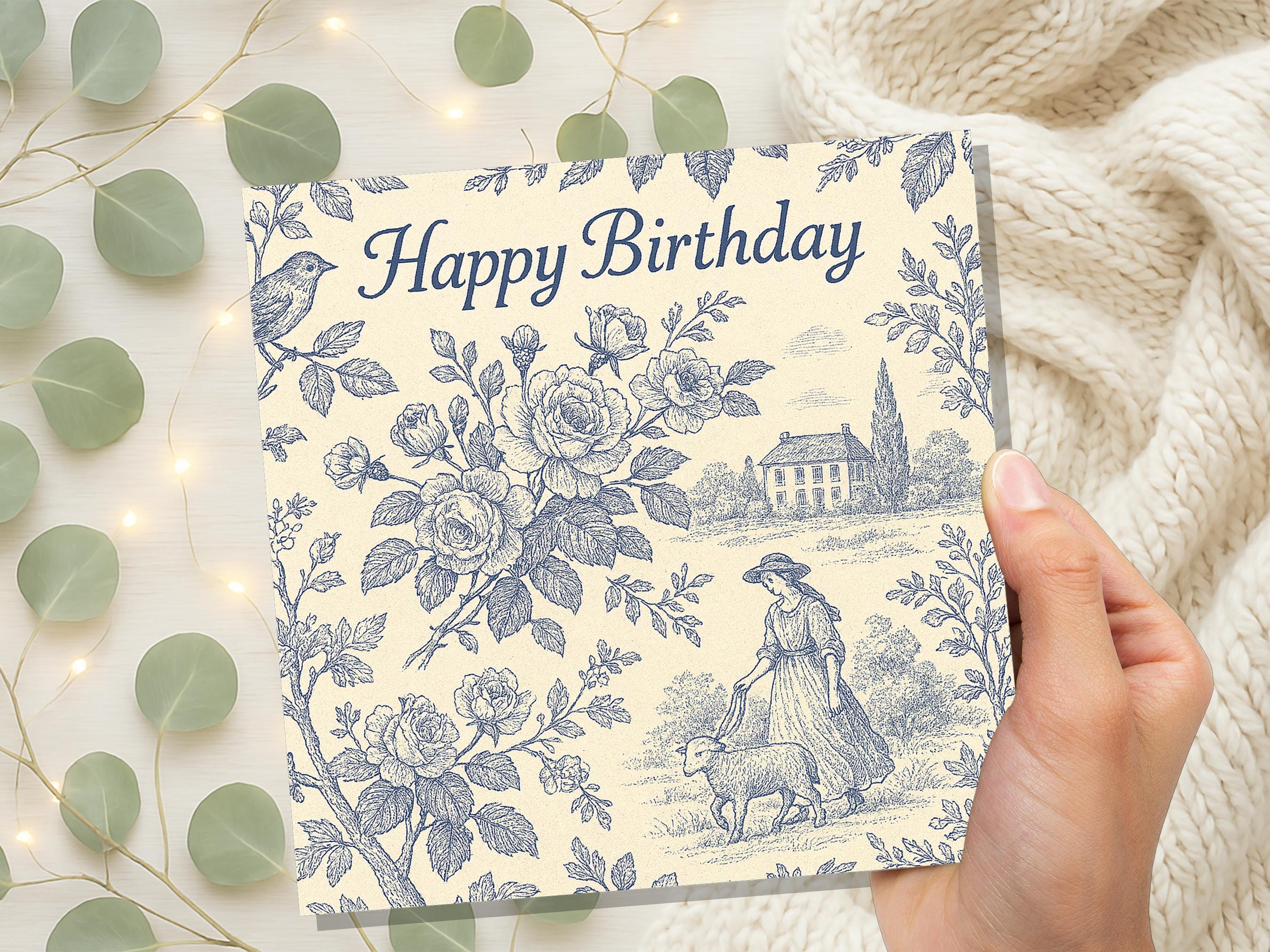 French Toile de Jouy Birthday Card, Cottagecore Farmhouse, Vintage Bird & Sheep Pattern, Countryside Pastoral Scene, Vintage Chateaucore Art - View 4
