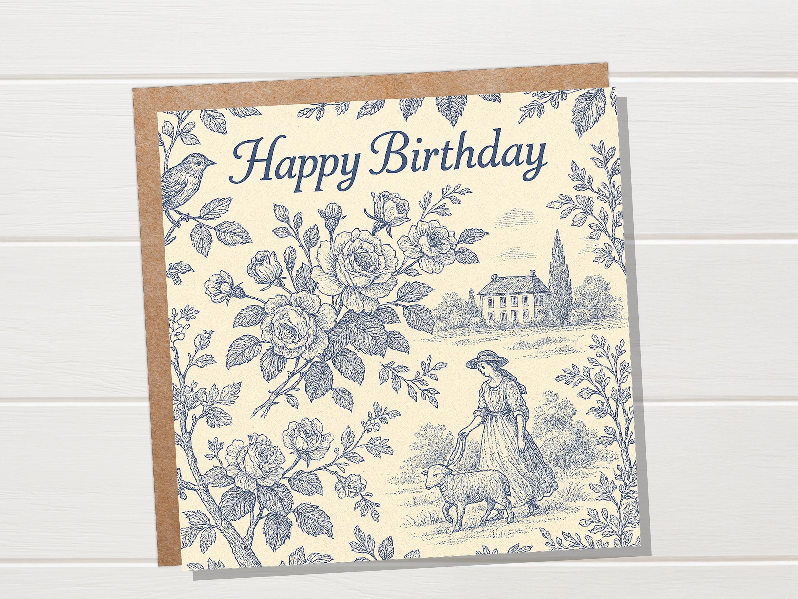 French Toile de Jouy Birthday Card, Cottagecore Farmhouse, Vintage Bird & Sheep Pattern, Countryside Pastoral Scene, Vintage Chateaucore Art - View 5