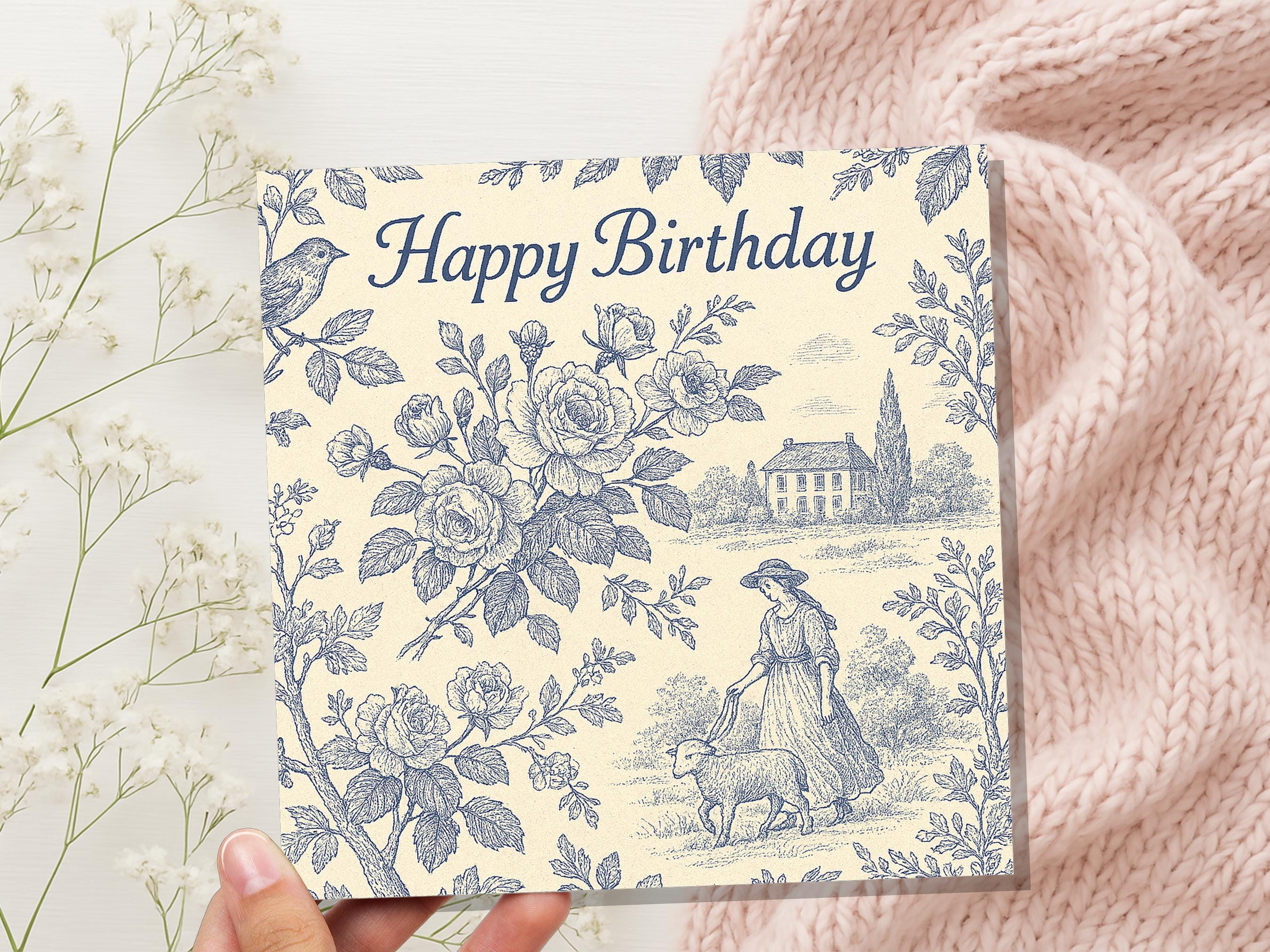 French Toile de Jouy Birthday Card, Cottagecore Farmhouse, Vintage Bird & Sheep Pattern, Countryside Pastoral Scene, Vintage Chateaucore Art - View 2