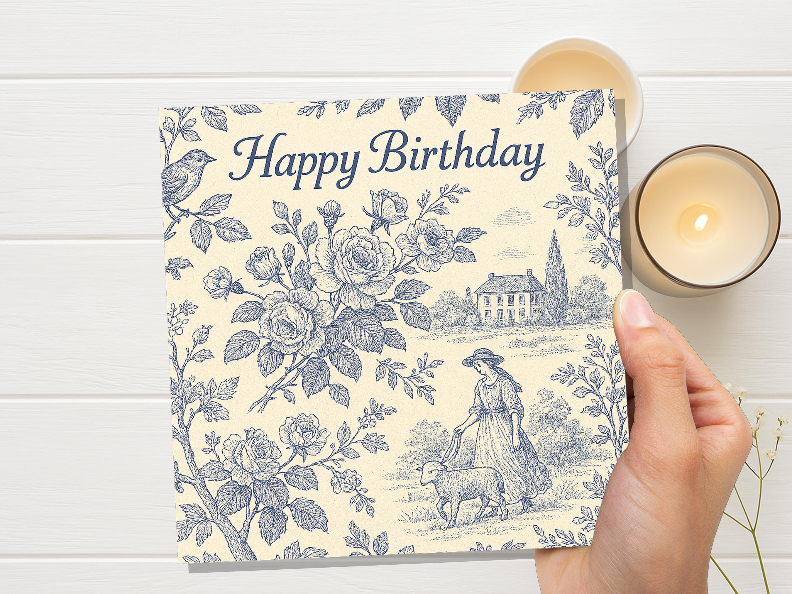 French Toile de Jouy Birthday Card, Cottagecore Farmhouse, Vintage Bird & Sheep Pattern, Countryside Pastoral Scene, Vintage Chateaucore Art