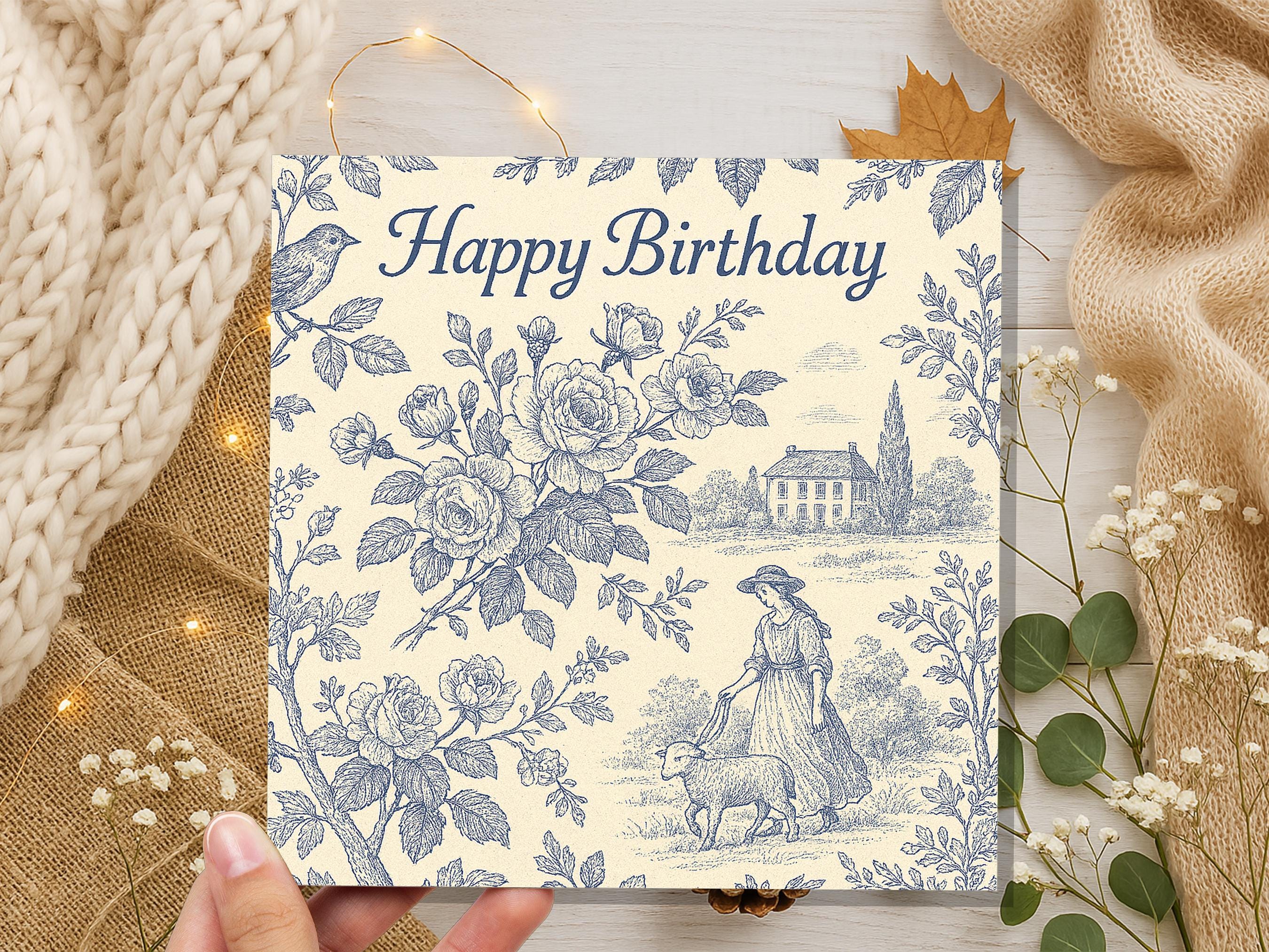 French Toile de Jouy Birthday Card, Cottagecore Farmhouse, Vintage Bird & Sheep Pattern, Countryside Pastoral Scene, Vintage Chateaucore Art - View 6