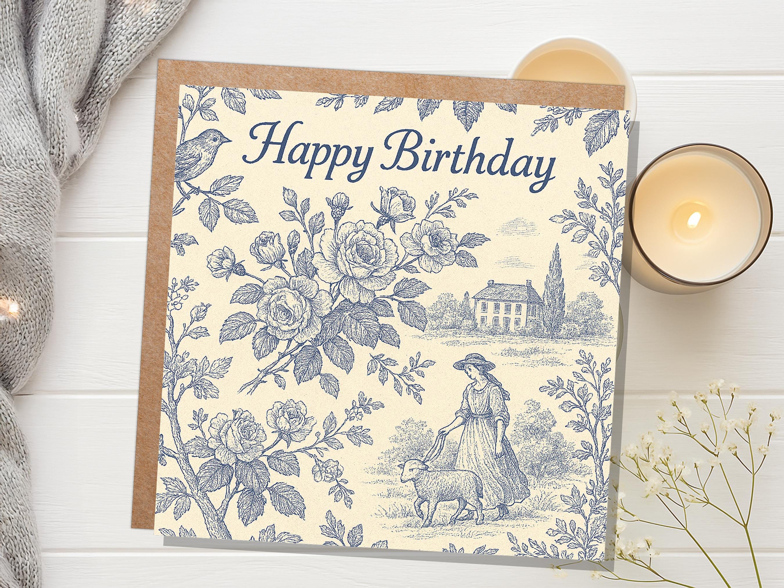 French Toile de Jouy Birthday Card, Cottagecore Farmhouse, Vintage Bird & Sheep Pattern, Countryside Pastoral Scene, Vintage Chateaucore Art - View 3