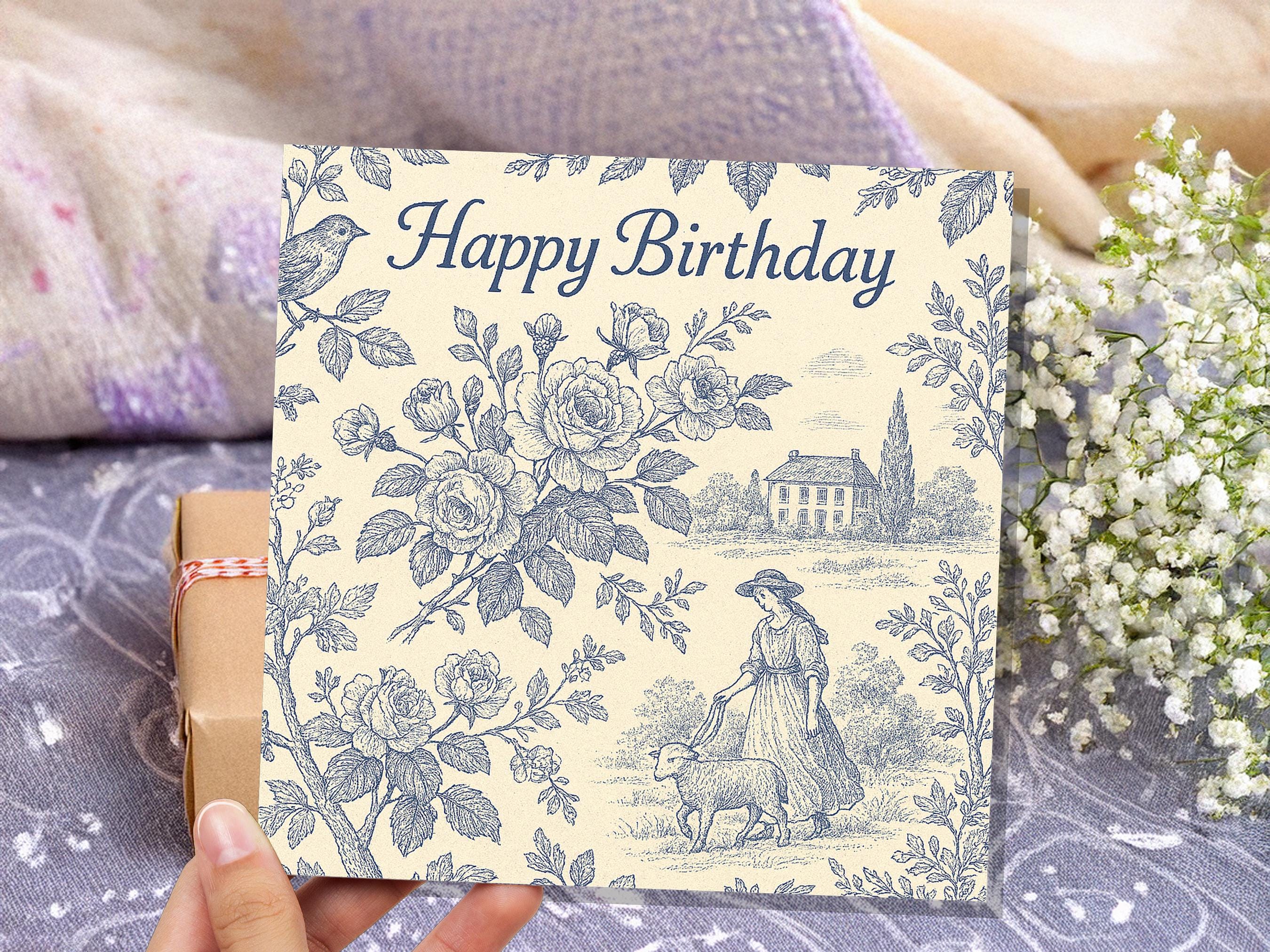 French Toile de Jouy Birthday Card, Cottagecore Farmhouse, Vintage Bird & Sheep Pattern, Countryside Pastoral Scene, Vintage Chateaucore Art - View 7