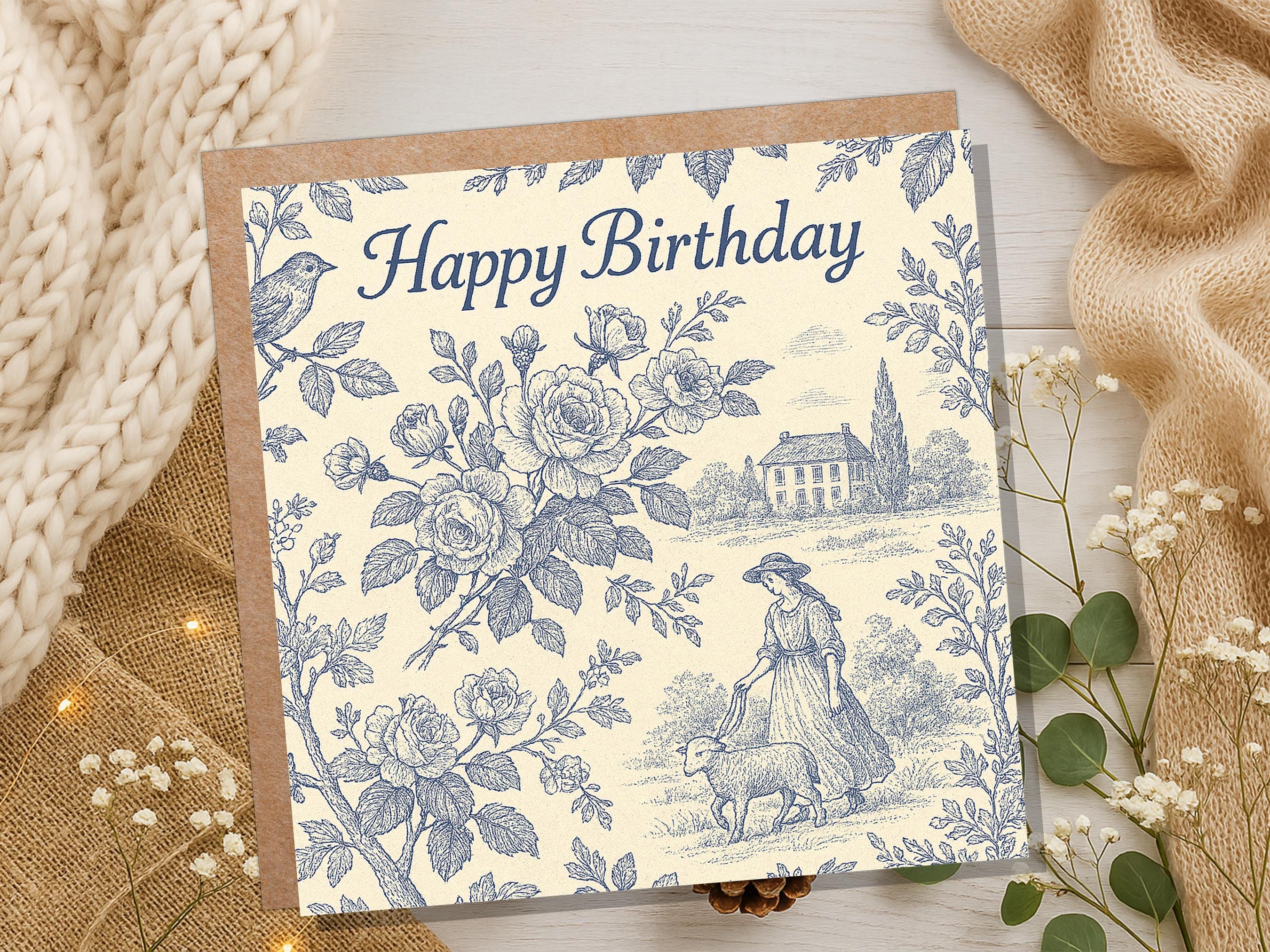French Toile de Jouy Birthday Card, Cottagecore Farmhouse, Vintage Bird & Sheep Pattern, Countryside Pastoral Scene, Vintage Chateaucore Art - View 8