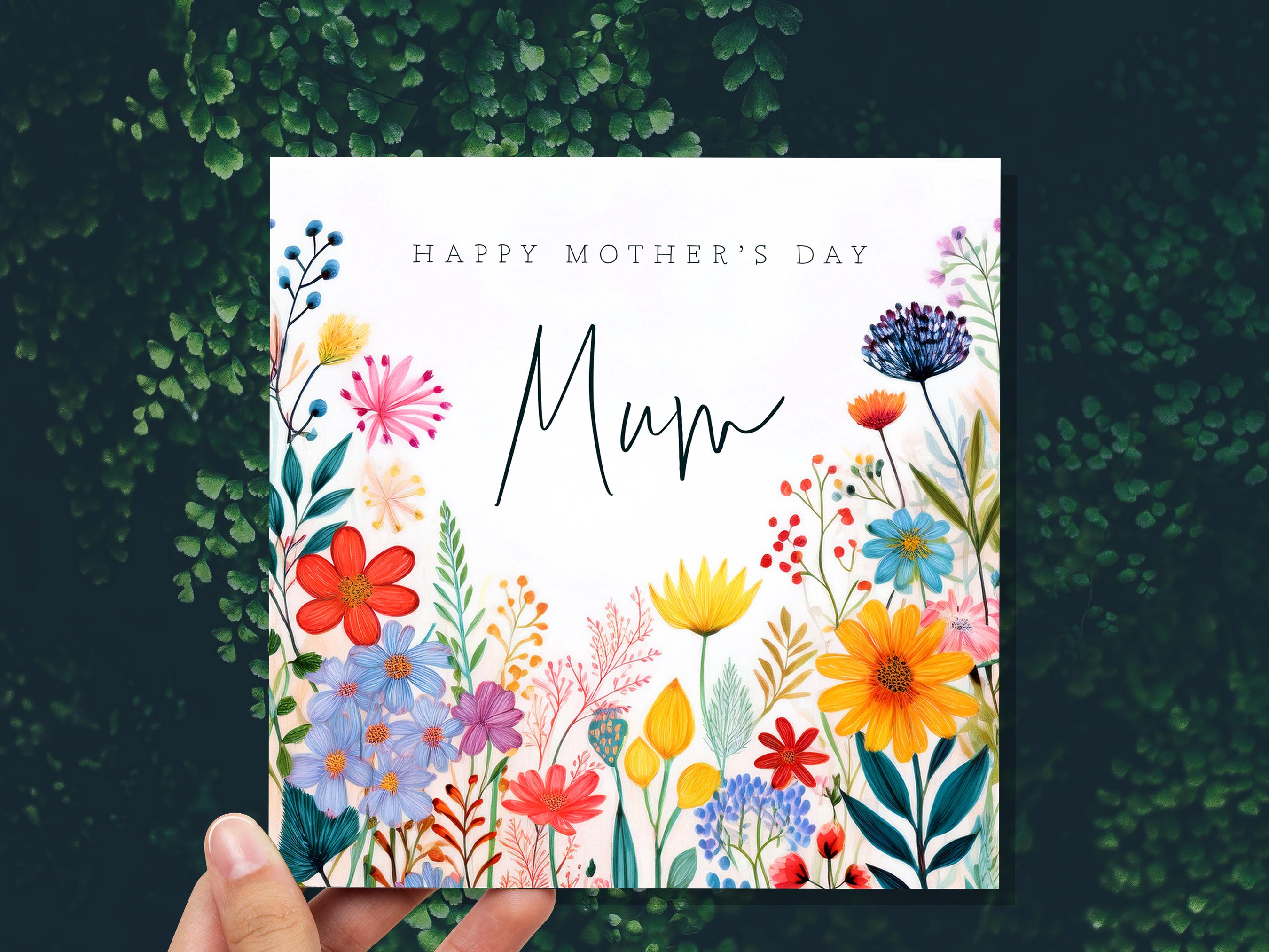 Botanical Wildflower Happy Mother's Day Card with Mum Calligraphy Unique Floral Design for Mom Bright Colourful Flowers