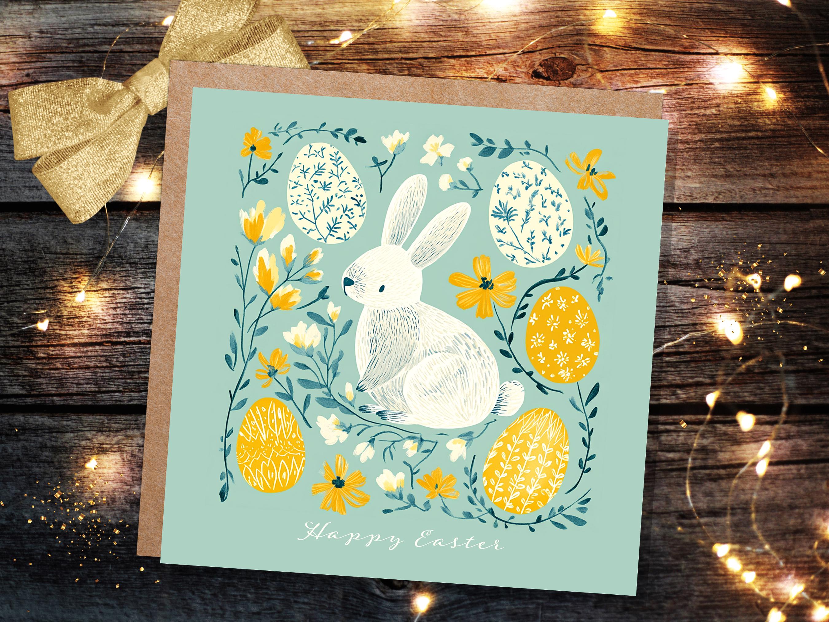 White Bunny and Easter Eggs Card with Happy Easter Greeting For Family and Friends Eco Friendly Folk Art Art Mint & Yellow 1, 5, or, 10 Pack