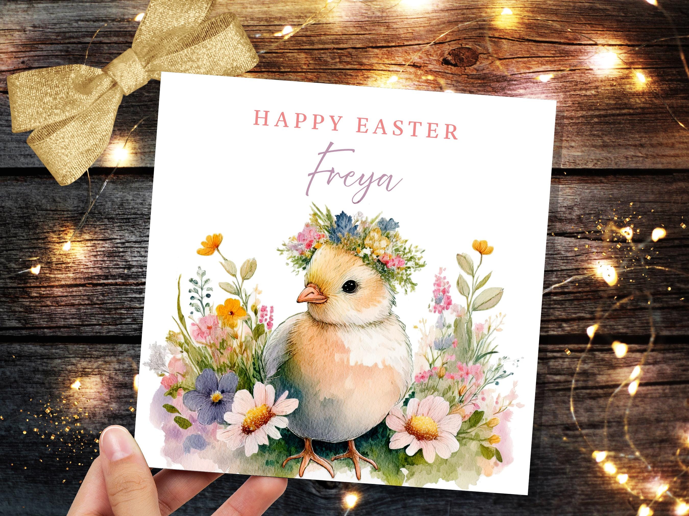 Personalised Easter Chick Greeting Card Cute Fluffy Baby Chick with Flower Crown Watercolour Custom Name Card for Granddaughter Daughter Art