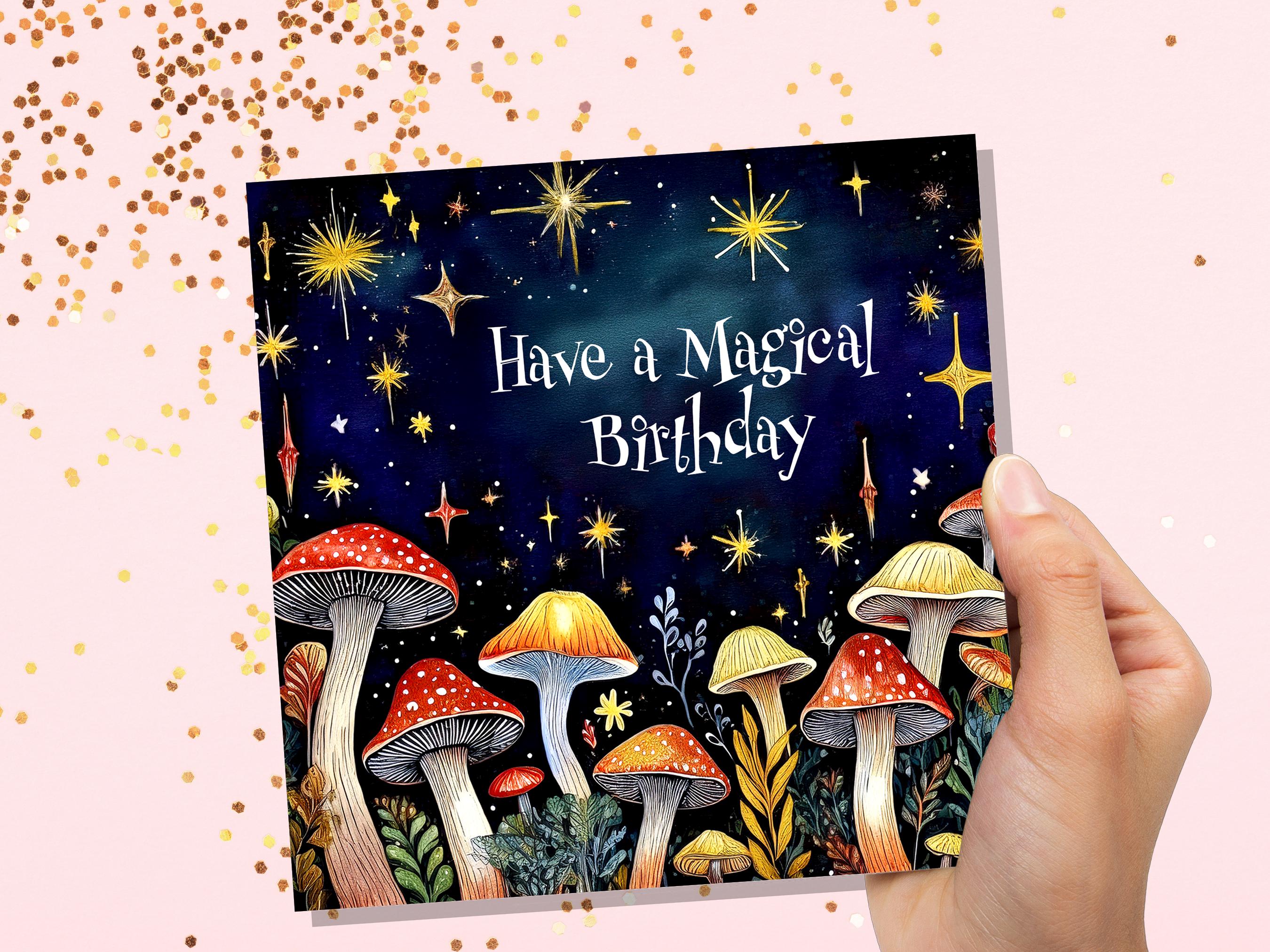 Mushroom Birthday Card Magic Enchanted Night For Cottagecore Lovers "Have a Magical Birthday" Surreal Toadstool Fungi Pagan Witchy Gift Art