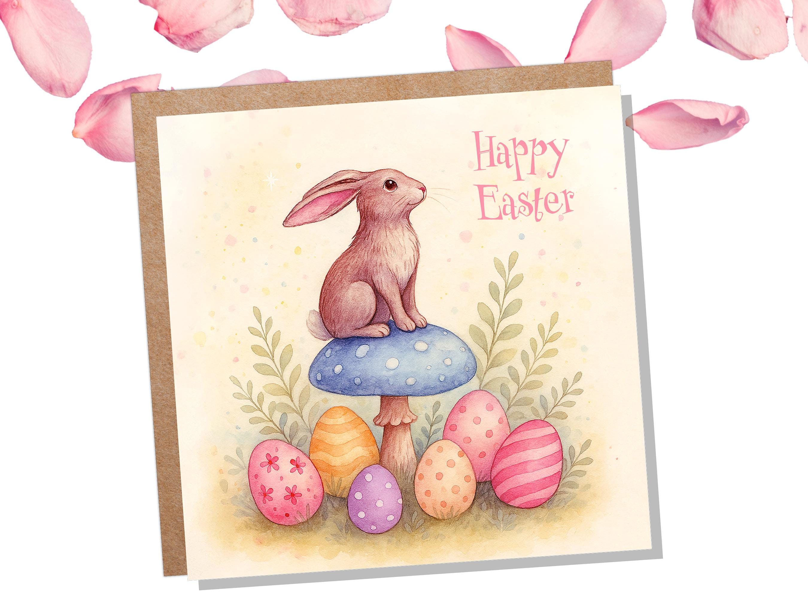 Pastel Easter Bunny Card Sitting on a Toadstool with Decorated Eggs Cute Sustainable Greetings Spring Illustration Mushroom Art New for 2025