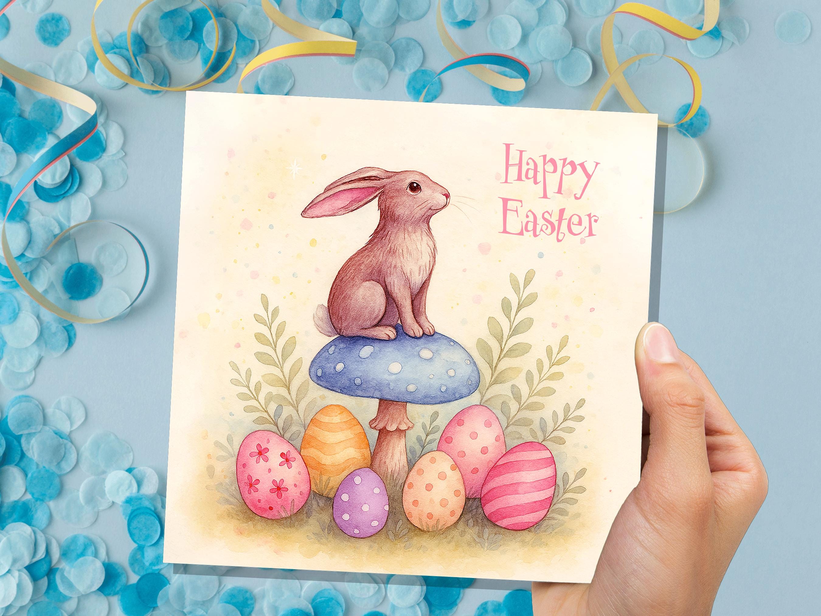 Pastel Easter Bunny Card Sitting on a Toadstool with Decorated Eggs Cute Sustainable Greetings Spring Illustration Mushroom Art New for 2025 - View 7