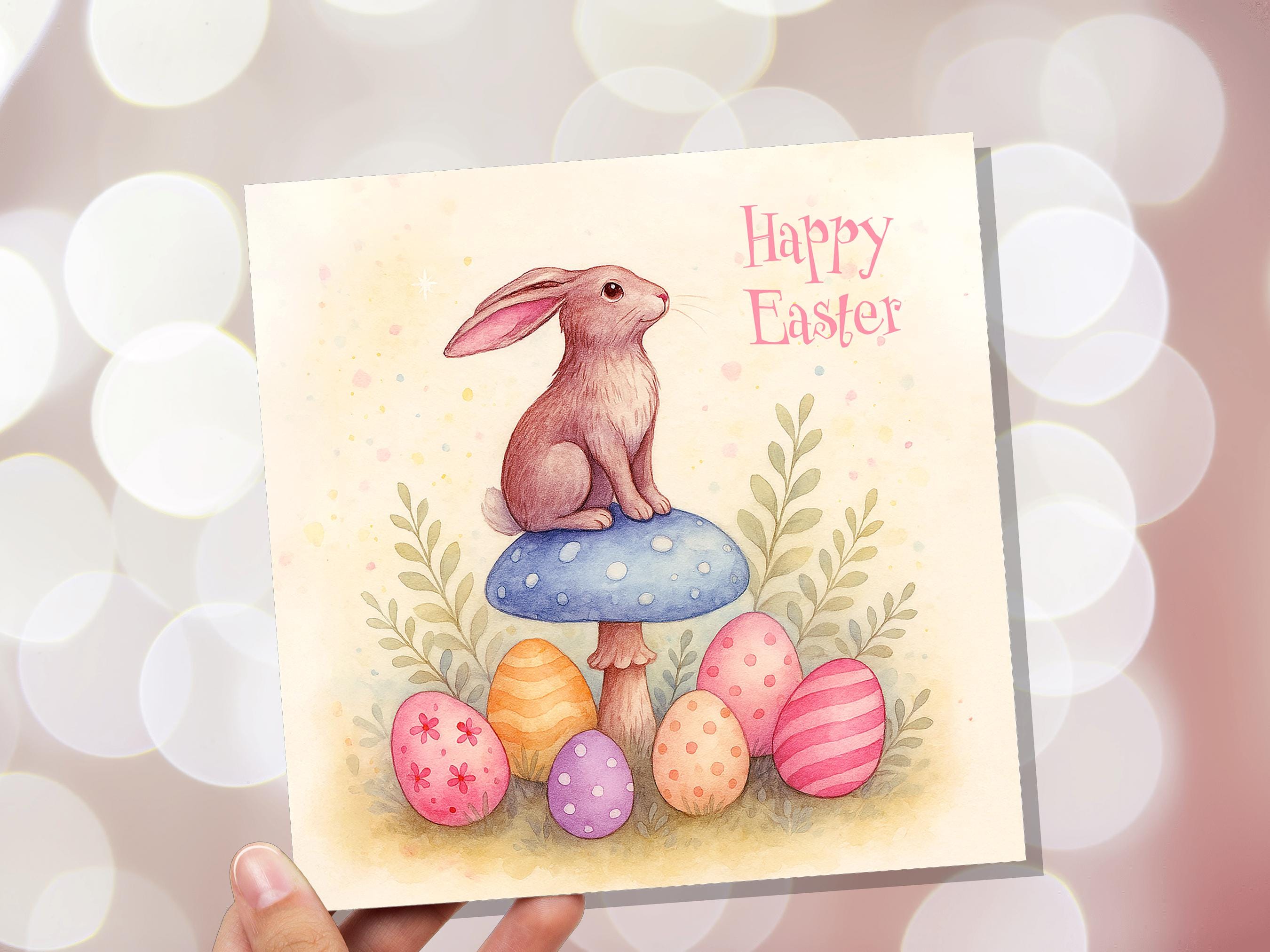Pastel Easter Bunny Card Sitting on a Toadstool with Decorated Eggs Cute Sustainable Greetings Spring Illustration Mushroom Art New for 2025 - View 3