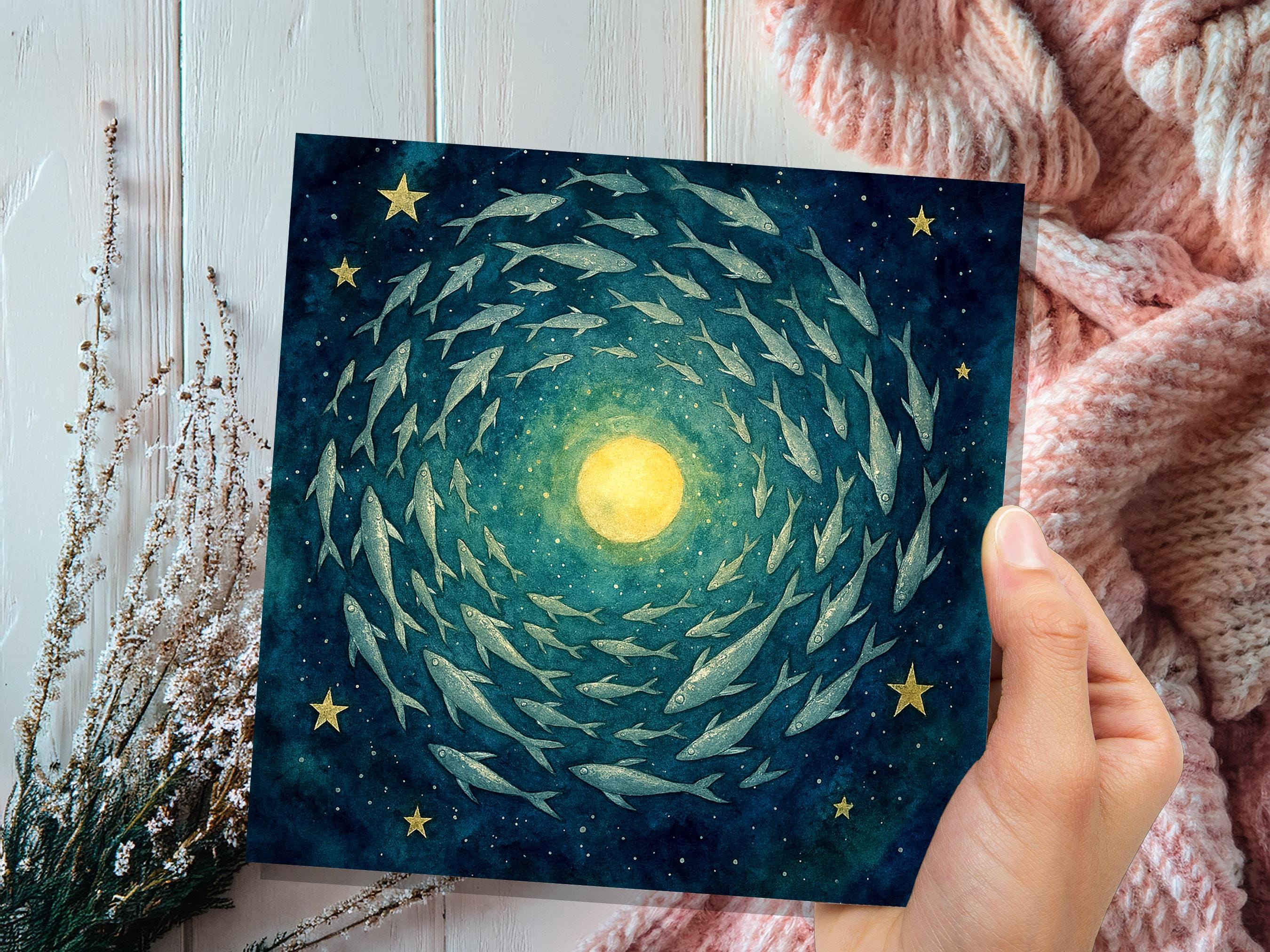 Moon Fish Greeting Card Starry Night Sky Watercolour Art Celestial Spiritual Pagan Witchy Birthday Any Occasion Card - View 8