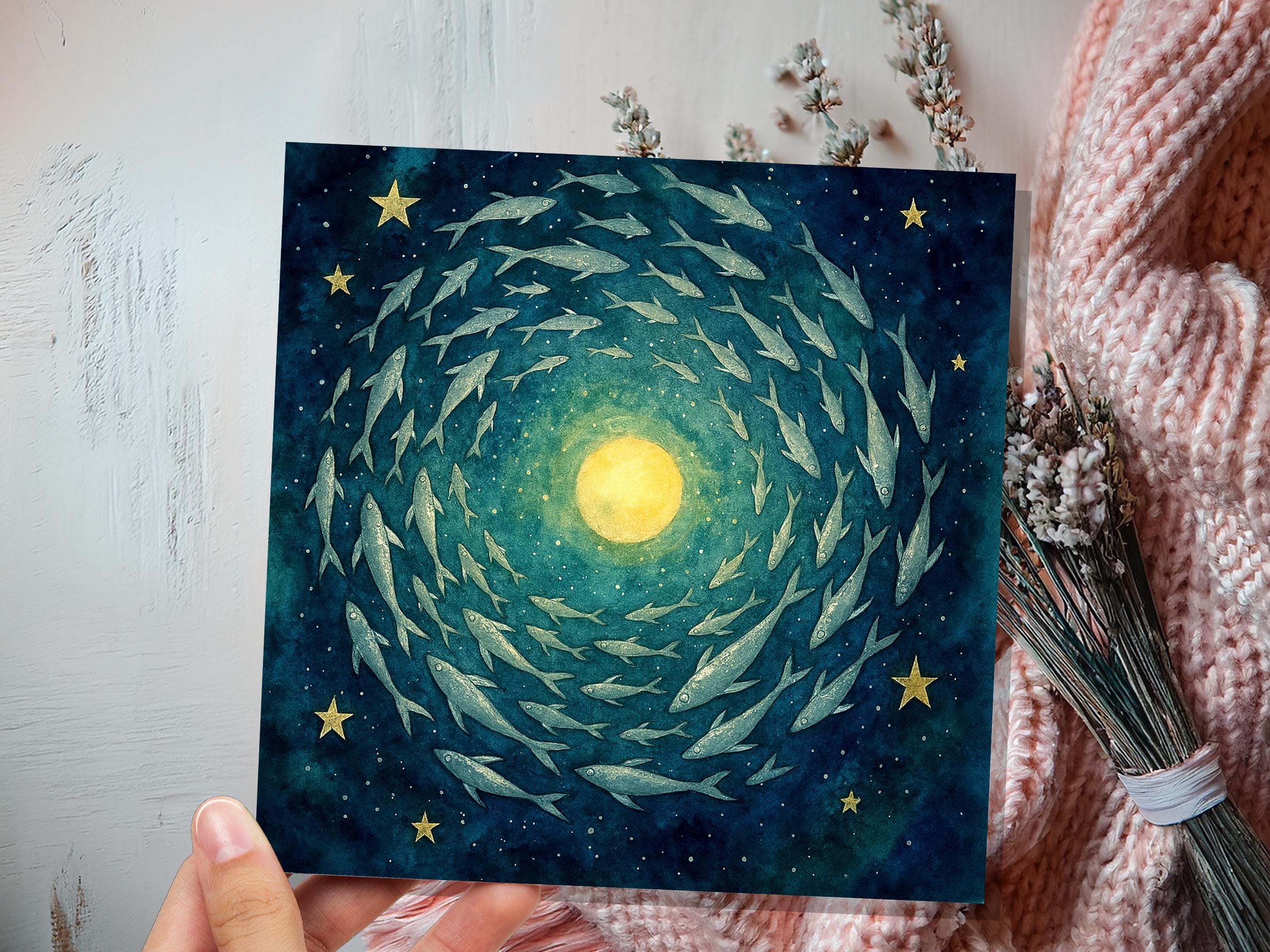 Moon Fish Greeting Card Starry Night Sky Watercolour Art Celestial Spiritual Pagan Witchy Birthday Any Occasion Card - View 6