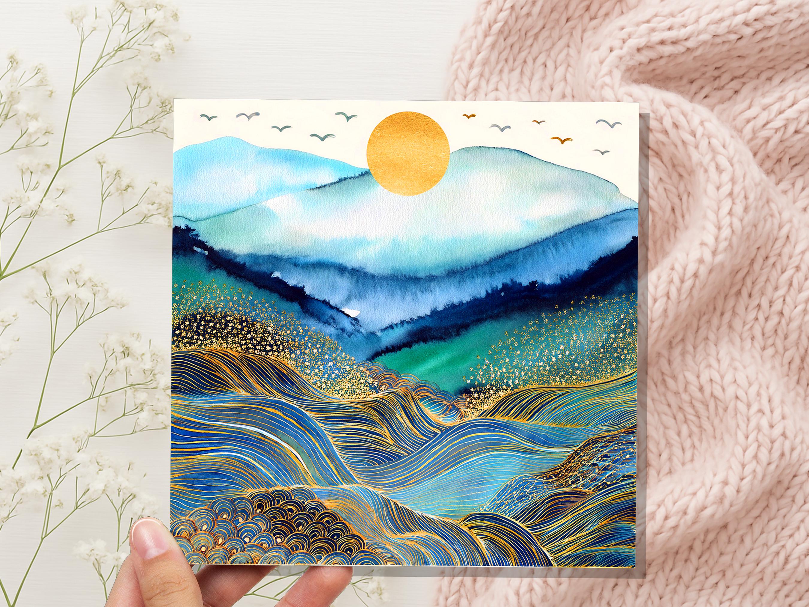 Watercolour Mountain Sun Greeting Card, Gold Ocean Waves Rolling Hills Art, Blue Abstract Landscape Celestial Nature Lover Gift Any Occasion