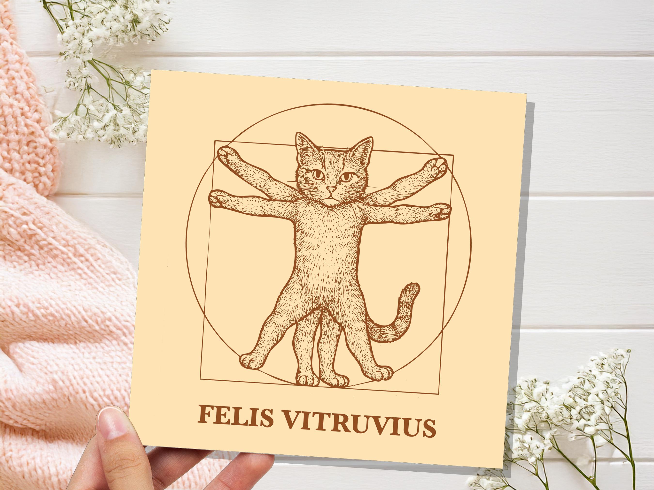 Felis Vitruvius Card | Unique Funny Vitruvian Man Art Parody | Greeting Card for Art History Cat Lovers Leonardo Da Vinci Humour Artist Gift