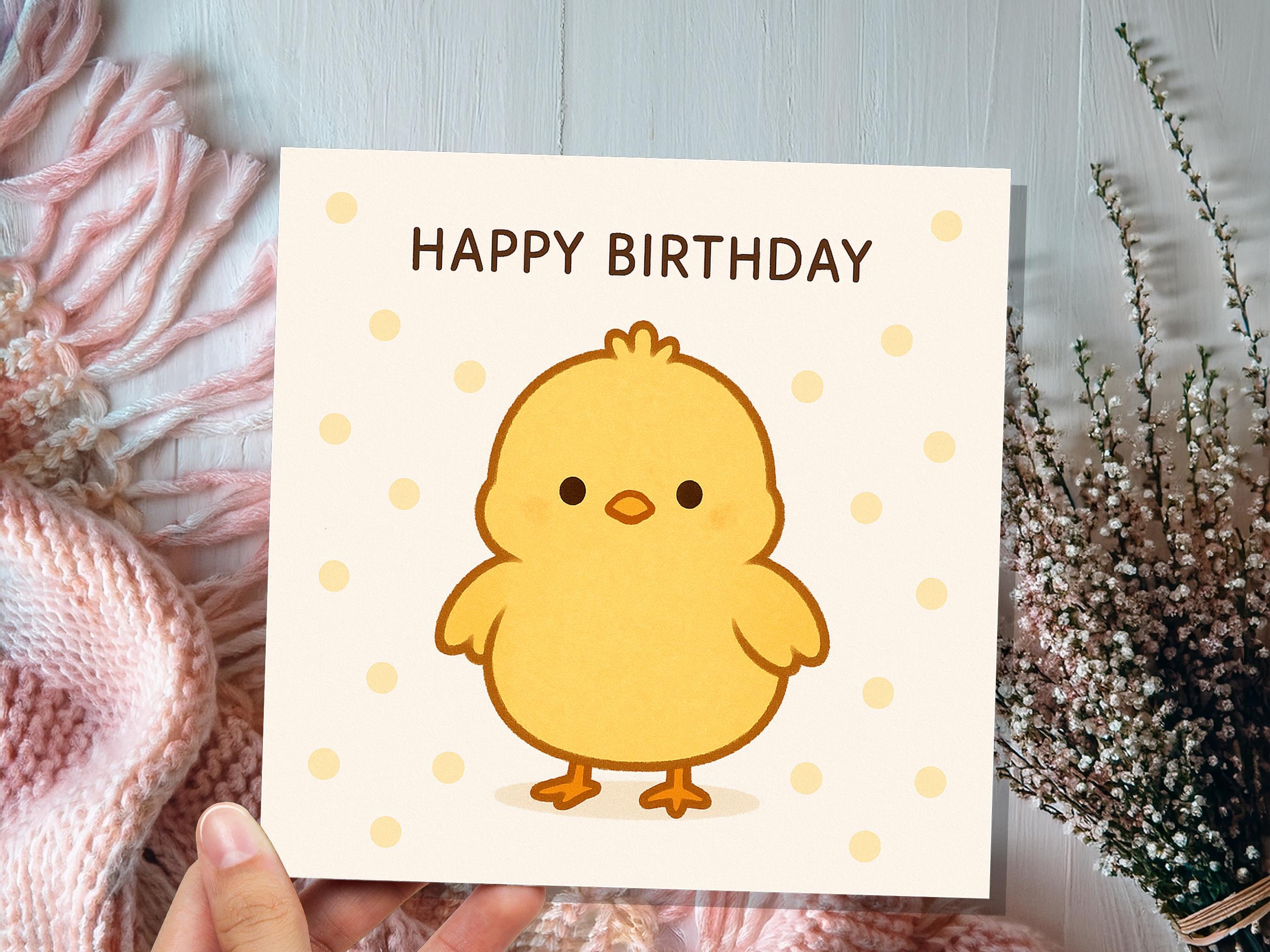 Cute Happy Birthday Chick Card, Kawaii Baby Bird Illustration, Kids Bday Greeting, Sweet Fluffy Yellow Chook for Child, Simple Cartoon Art - View 3