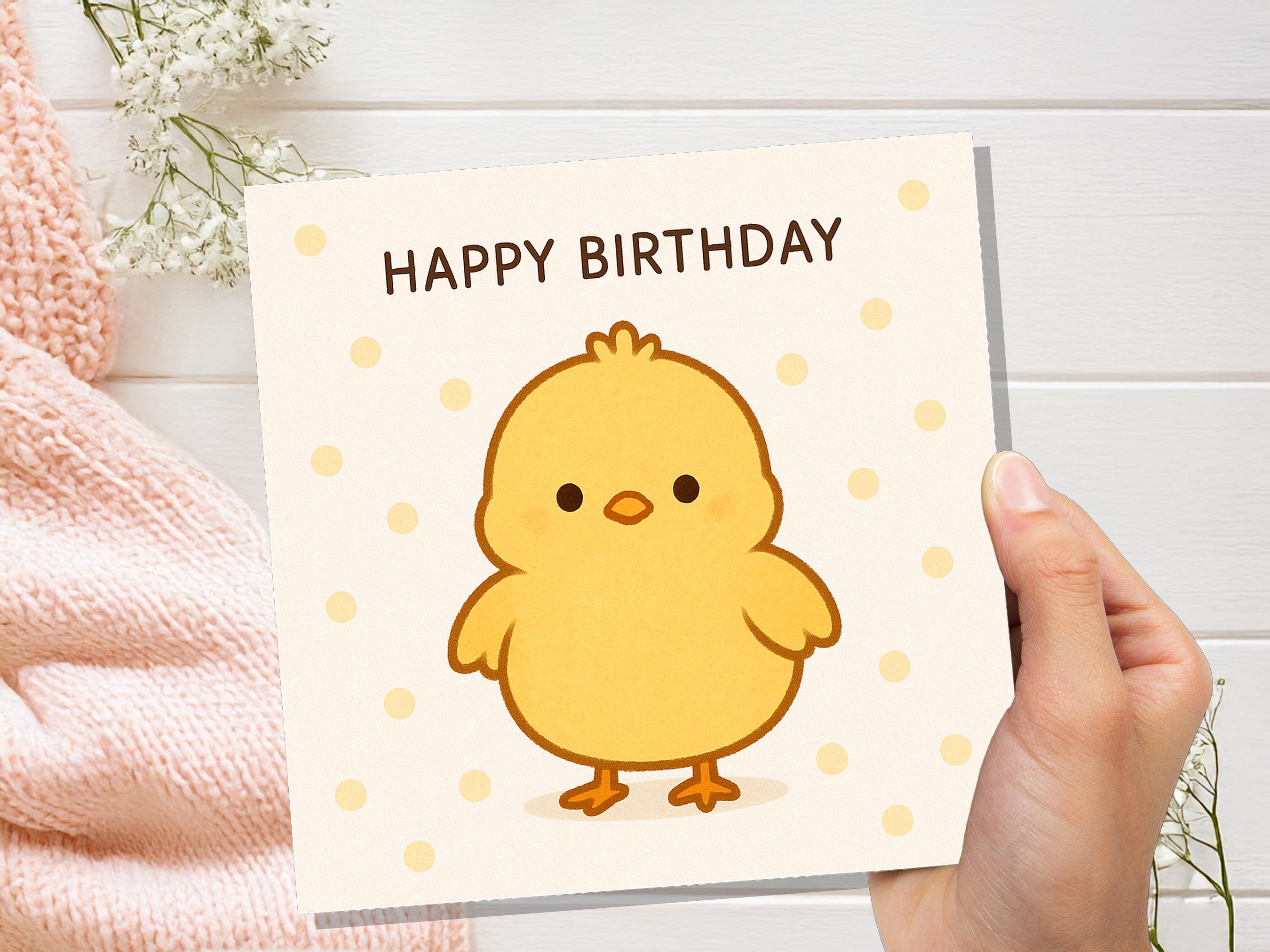 Cute Happy Birthday Chick Card, Kawaii Baby Bird Illustration, Kids Bday Greeting, Sweet Fluffy Yellow Chook for Child, Simple Cartoon Art