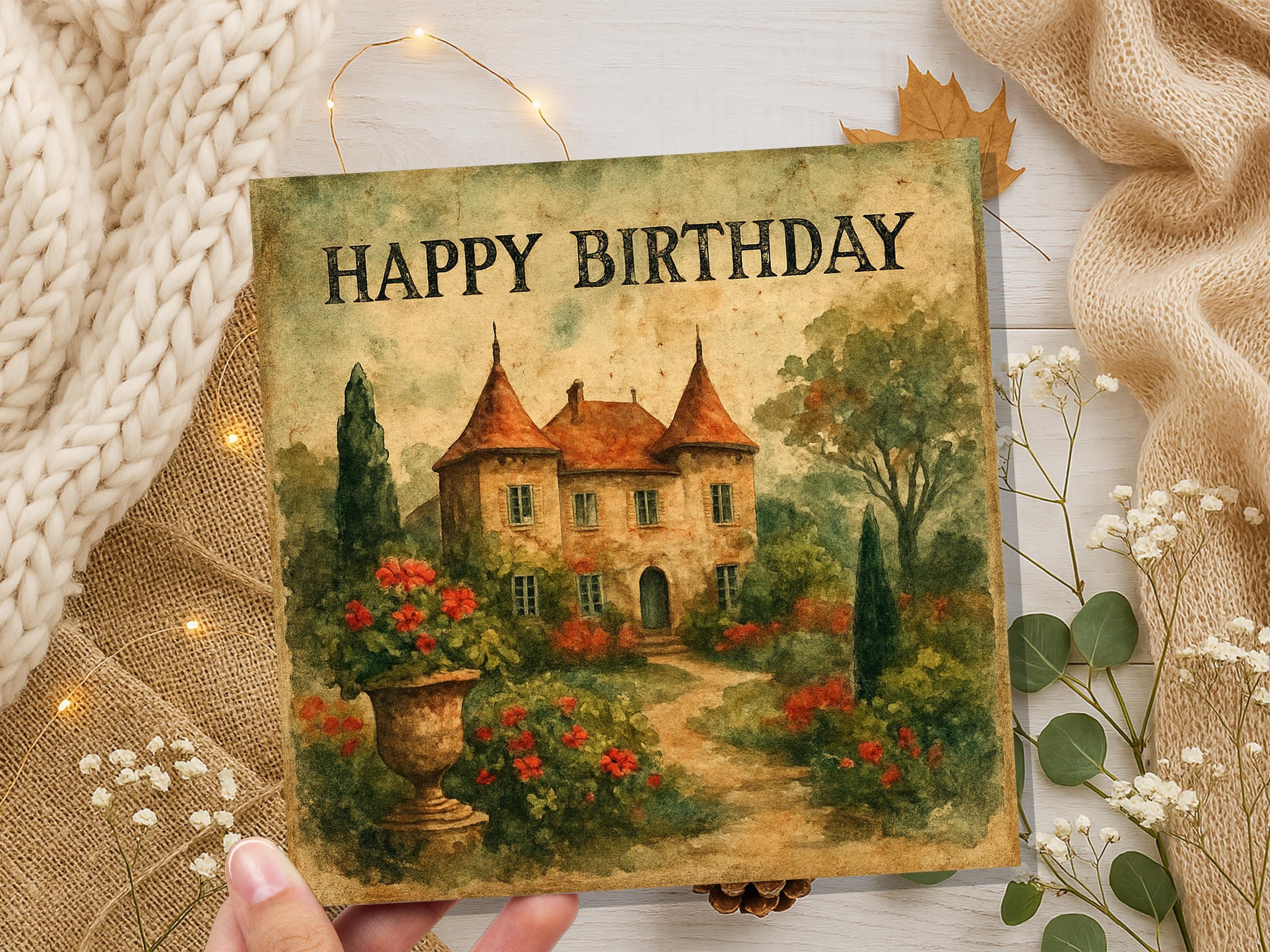 French Chateau Birthday Card, Watercolour Garden Art, Vintage Style Greeting, Unique Card for Her, Romantic Birthday Wishes Chateaucore Art - View 6