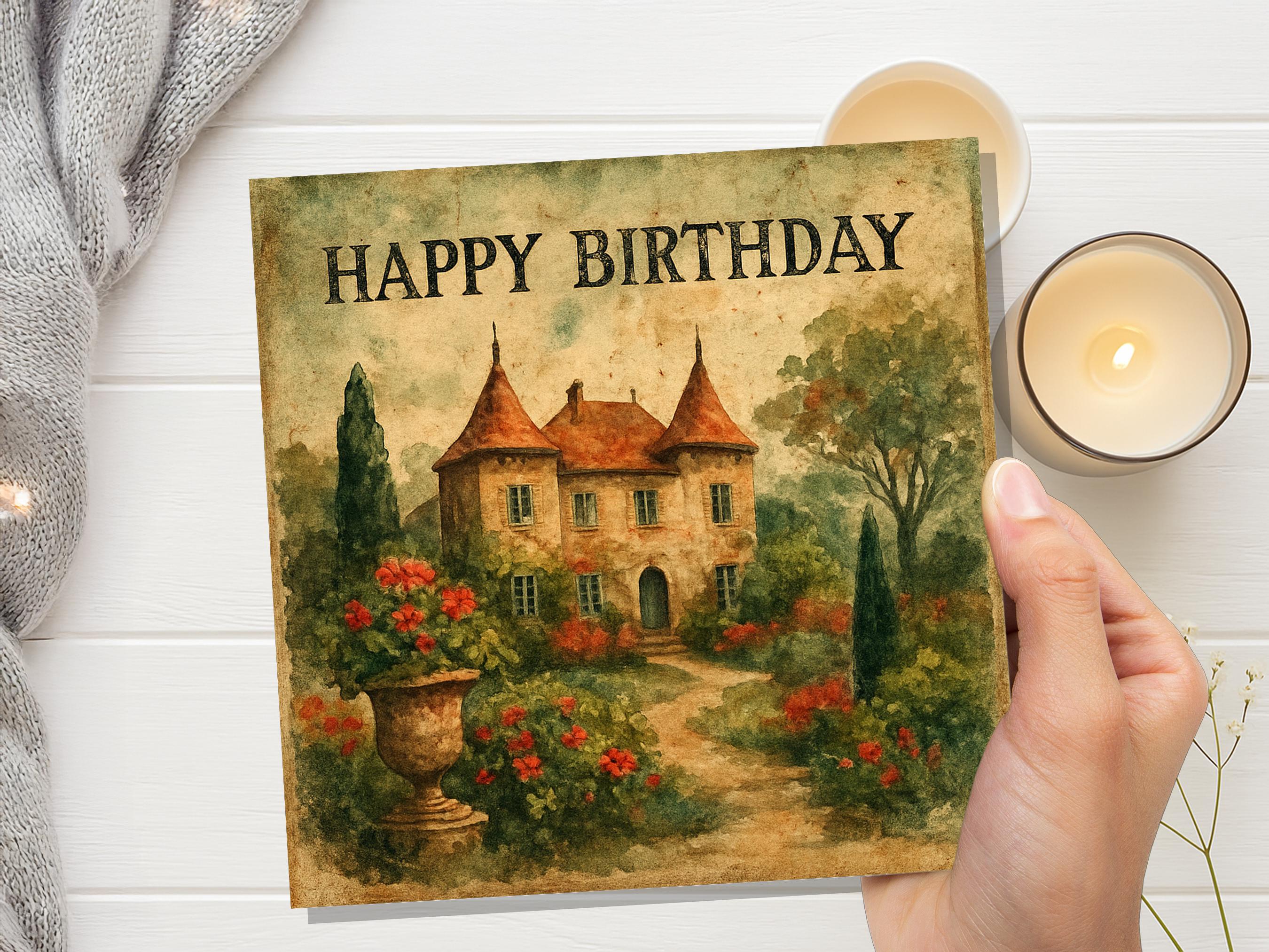 French Chateau Birthday Card, Watercolour Garden Art, Vintage Style Greeting, Unique Card for Her, Romantic Birthday Wishes Chateaucore Art - View 8