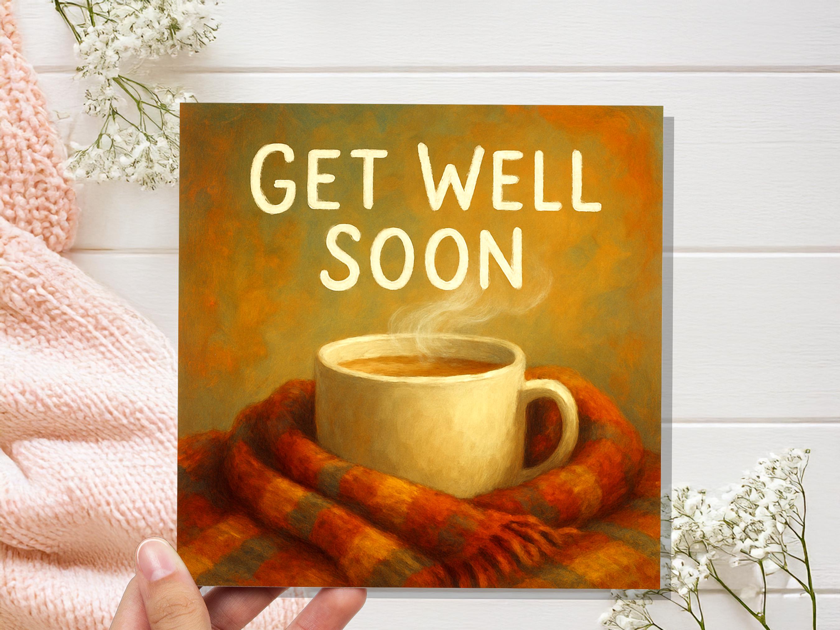 Cosy Mug & Blanket Hug Get Well Soon Card, Thinking Of You, Heartfelt Wishes, for Work Friend Family Winter Virus Cold and Flu Recovery Cup