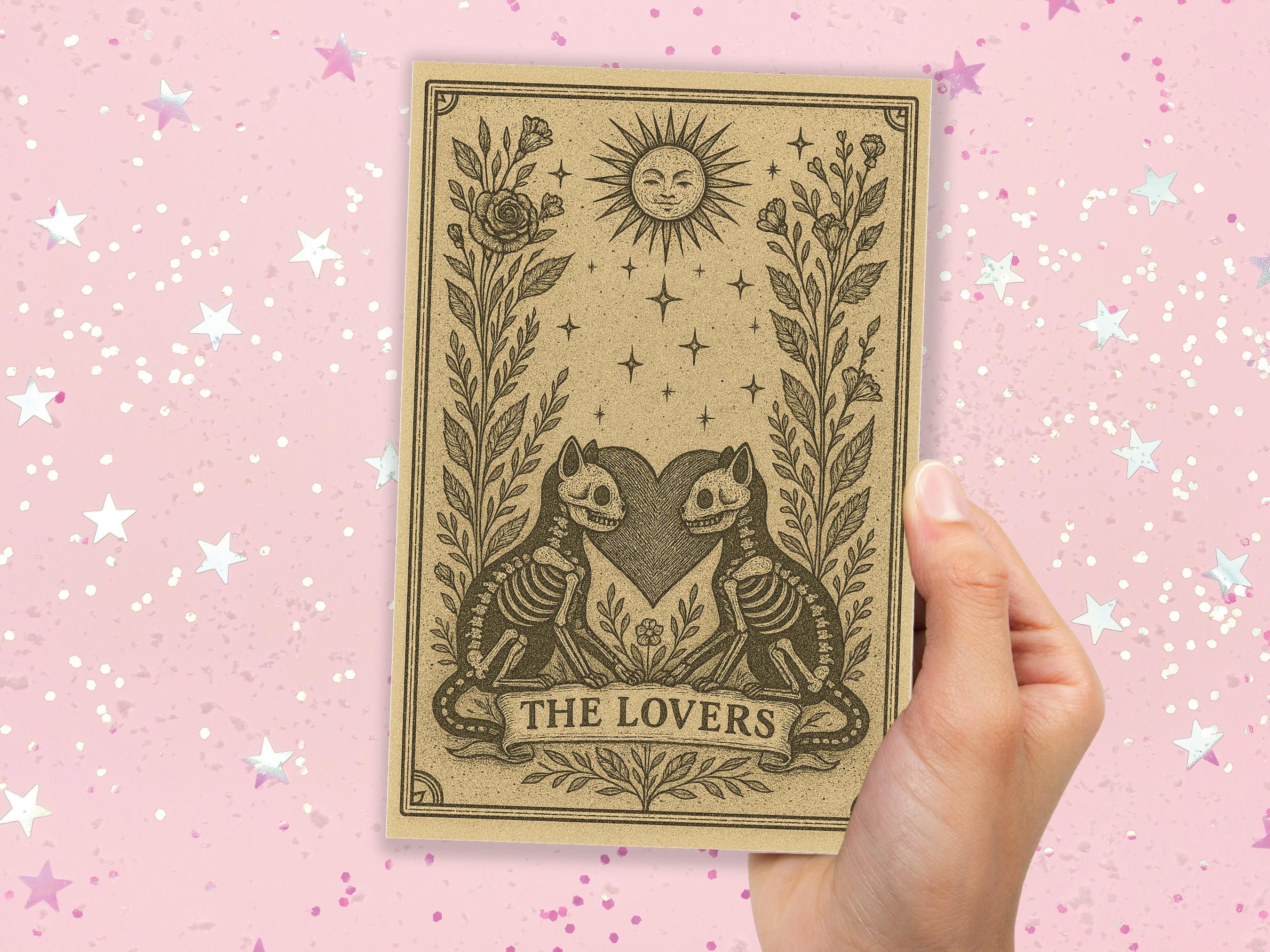 The Lovers Tarot Card Skeleton Cats Gothic Art Witchy Valentine Macabre Love Gift Halloween Anniversary Card Husband Wife Romantic Wedding - View 5