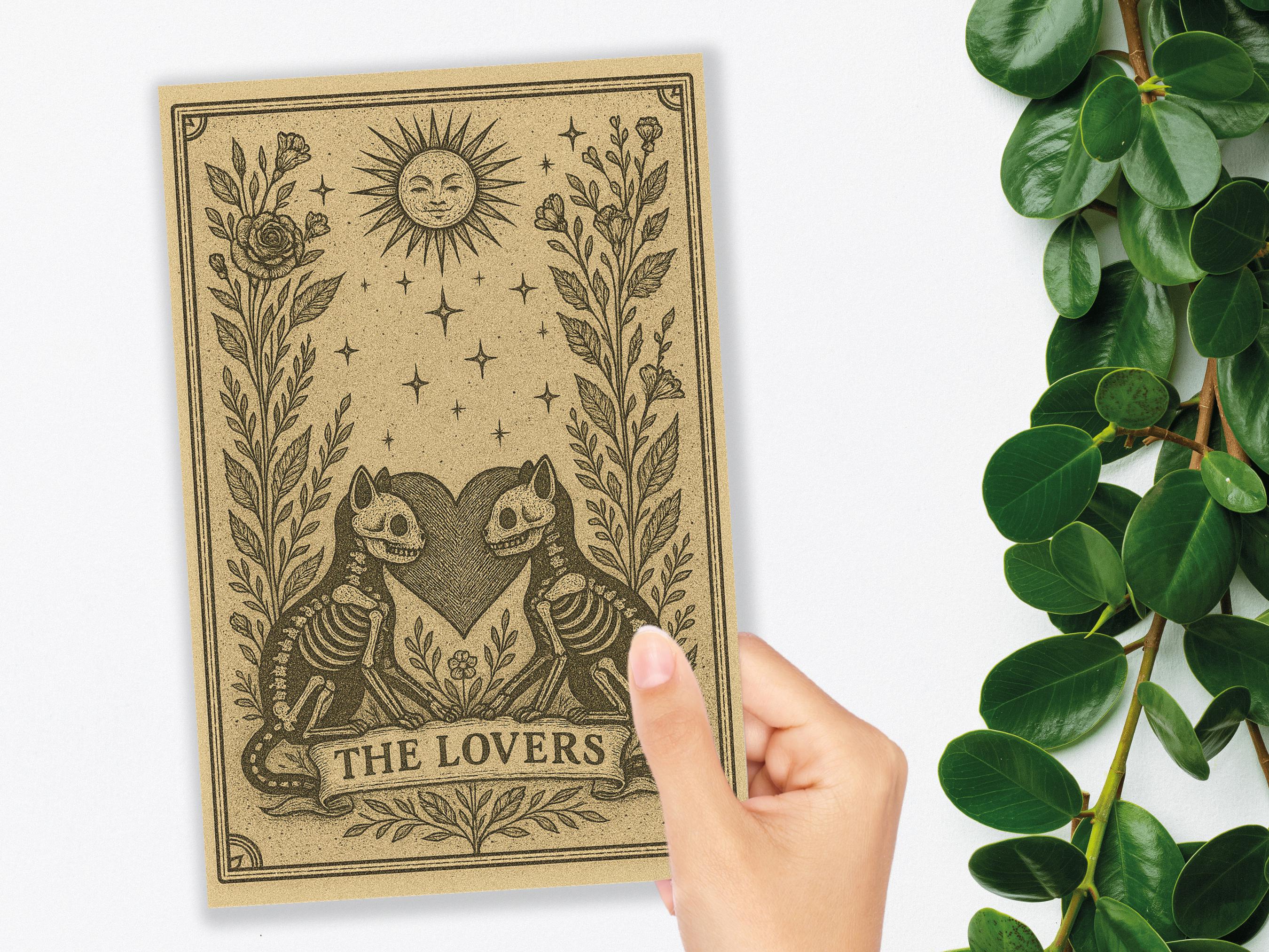 The Lovers Tarot Card Skeleton Cats Gothic Art Witchy Valentine Macabre Love Gift Halloween Anniversary Card Husband Wife Romantic Wedding - View 6