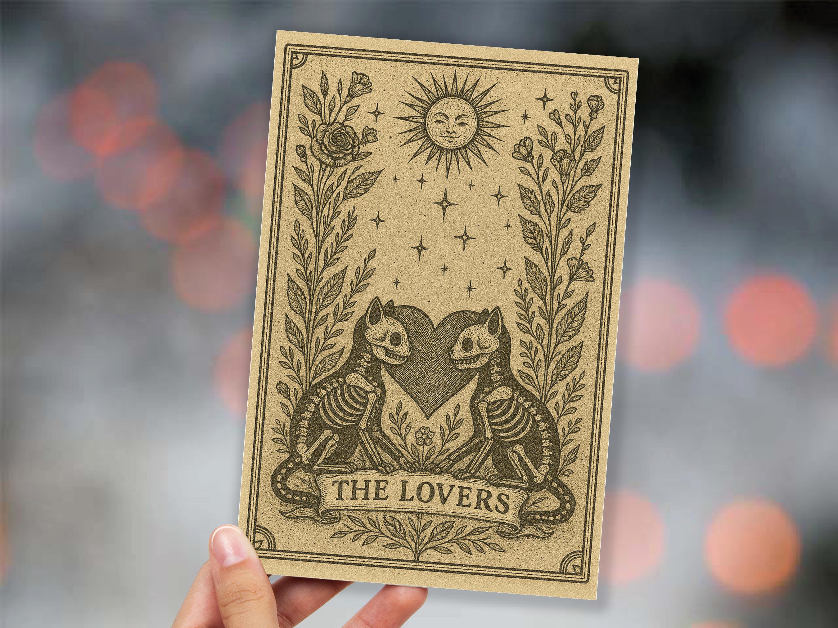 The Lovers Tarot Card Skeleton Cats Gothic Art Witchy Valentine Macabre Love Gift Halloween Anniversary Card Husband Wife Romantic Wedding - View 7