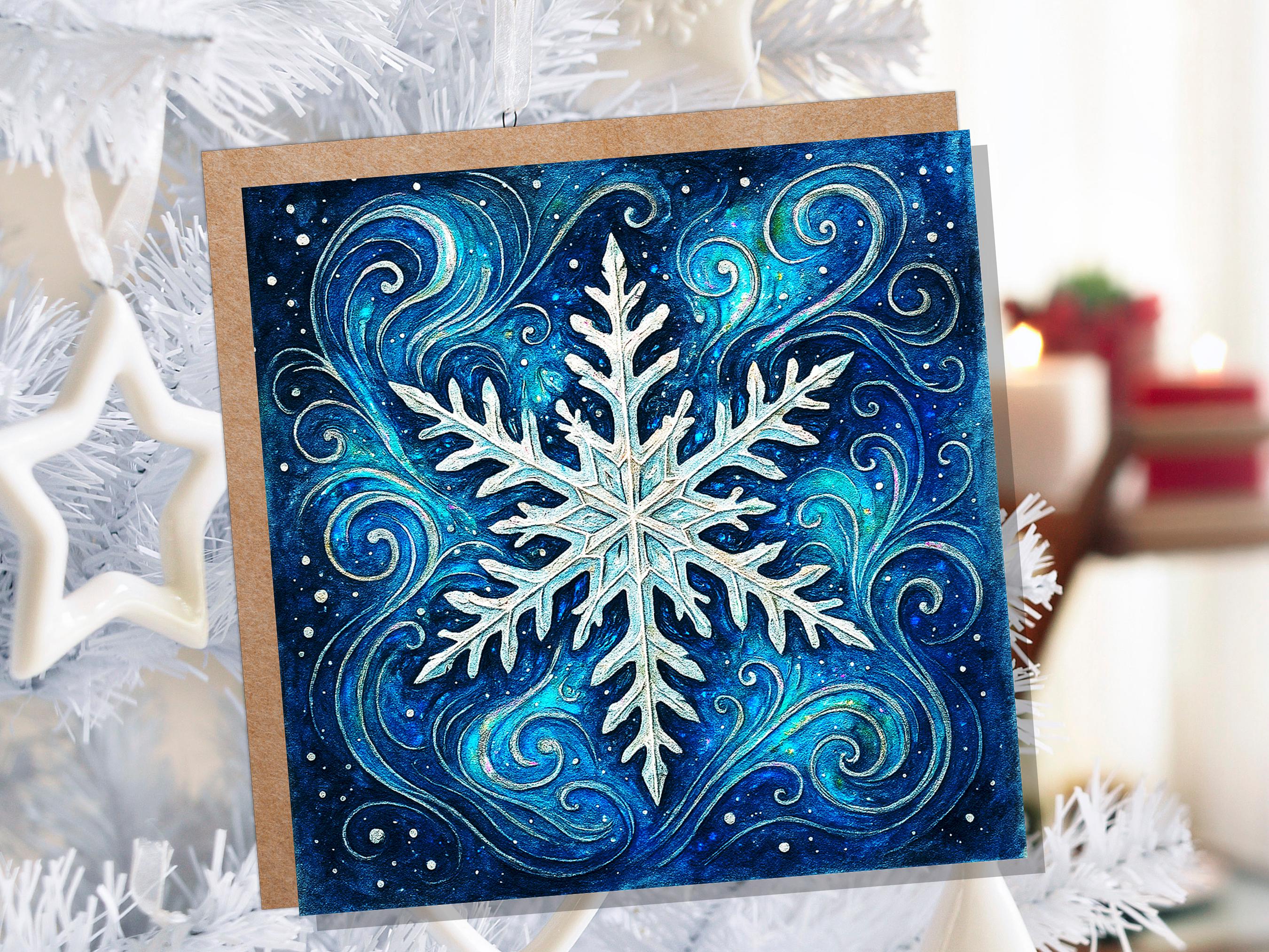 Magical Snowflake Cards with Envelopes Winter Swirls Art Celestial Ice Crystal Blue Watercolour Christmas Holiday Card Magical Enchanting - View 7
