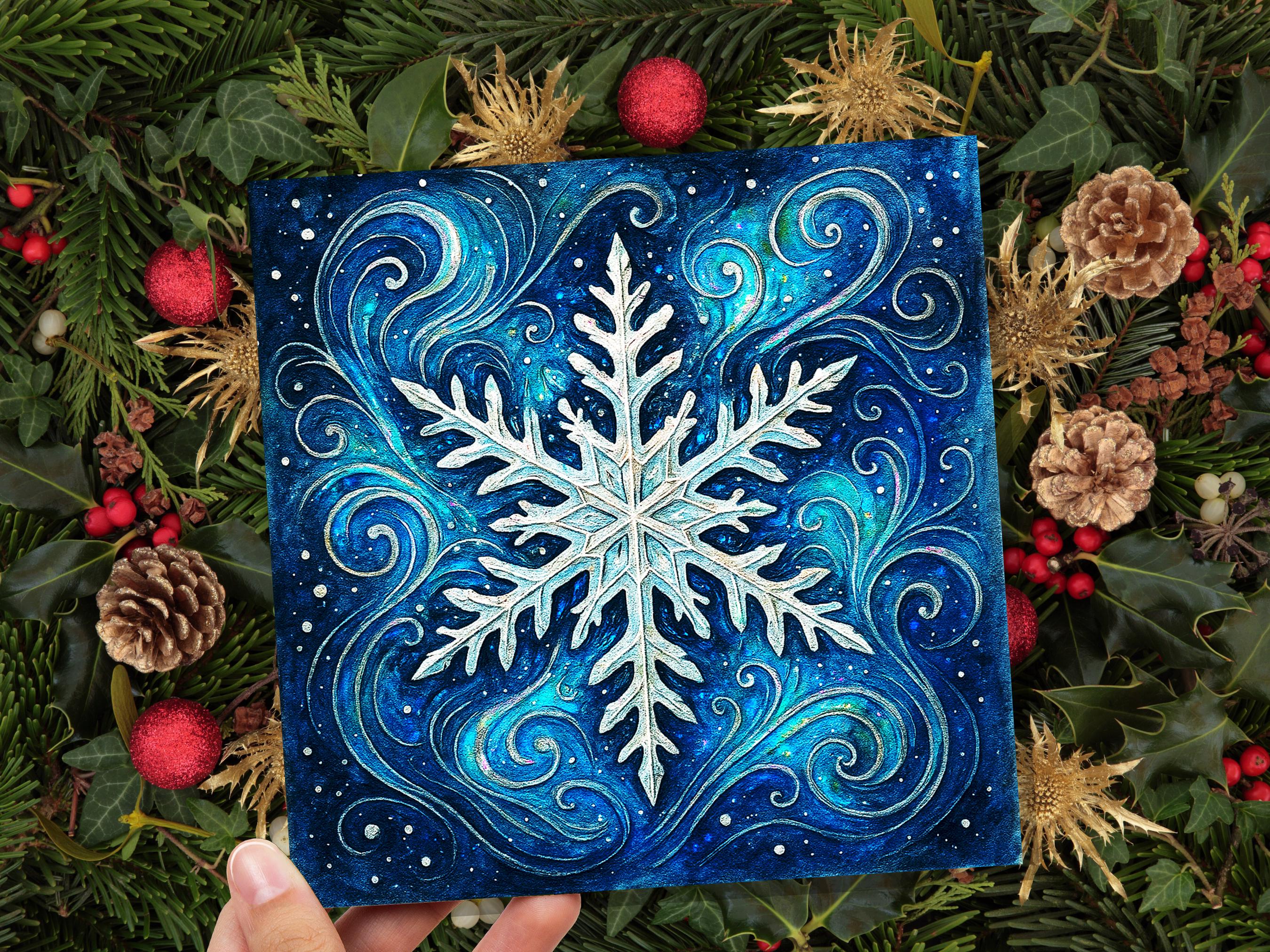 Magical Snowflake Cards with Envelopes Winter Swirls Art Celestial Ice Crystal Blue Watercolour Christmas Holiday Card Magical Enchanting - View 5