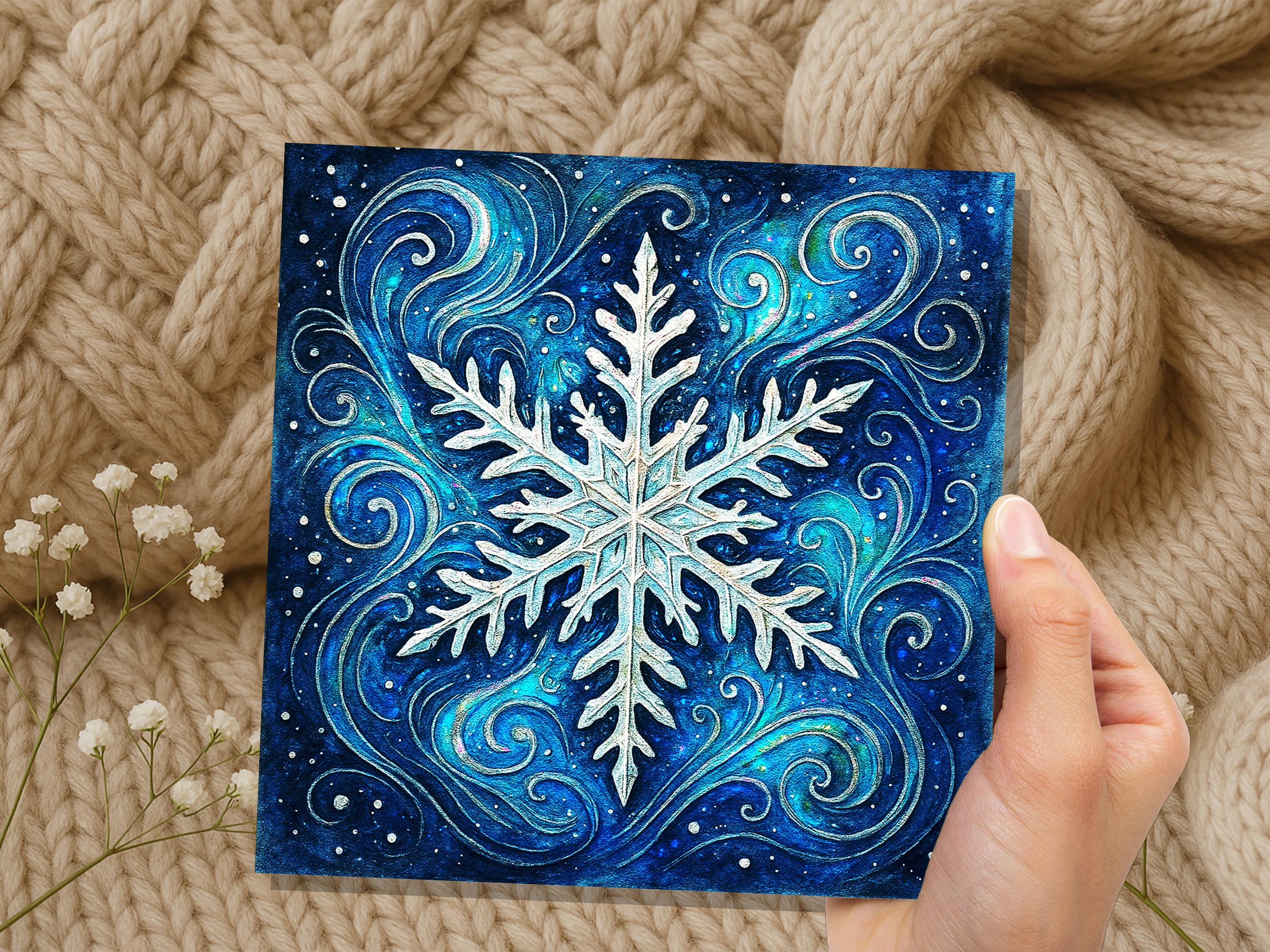 Magical Snowflake Cards with Envelopes Winter Swirls Art Celestial Ice Crystal Blue Watercolour Christmas Holiday Card Magical Enchanting - View 2