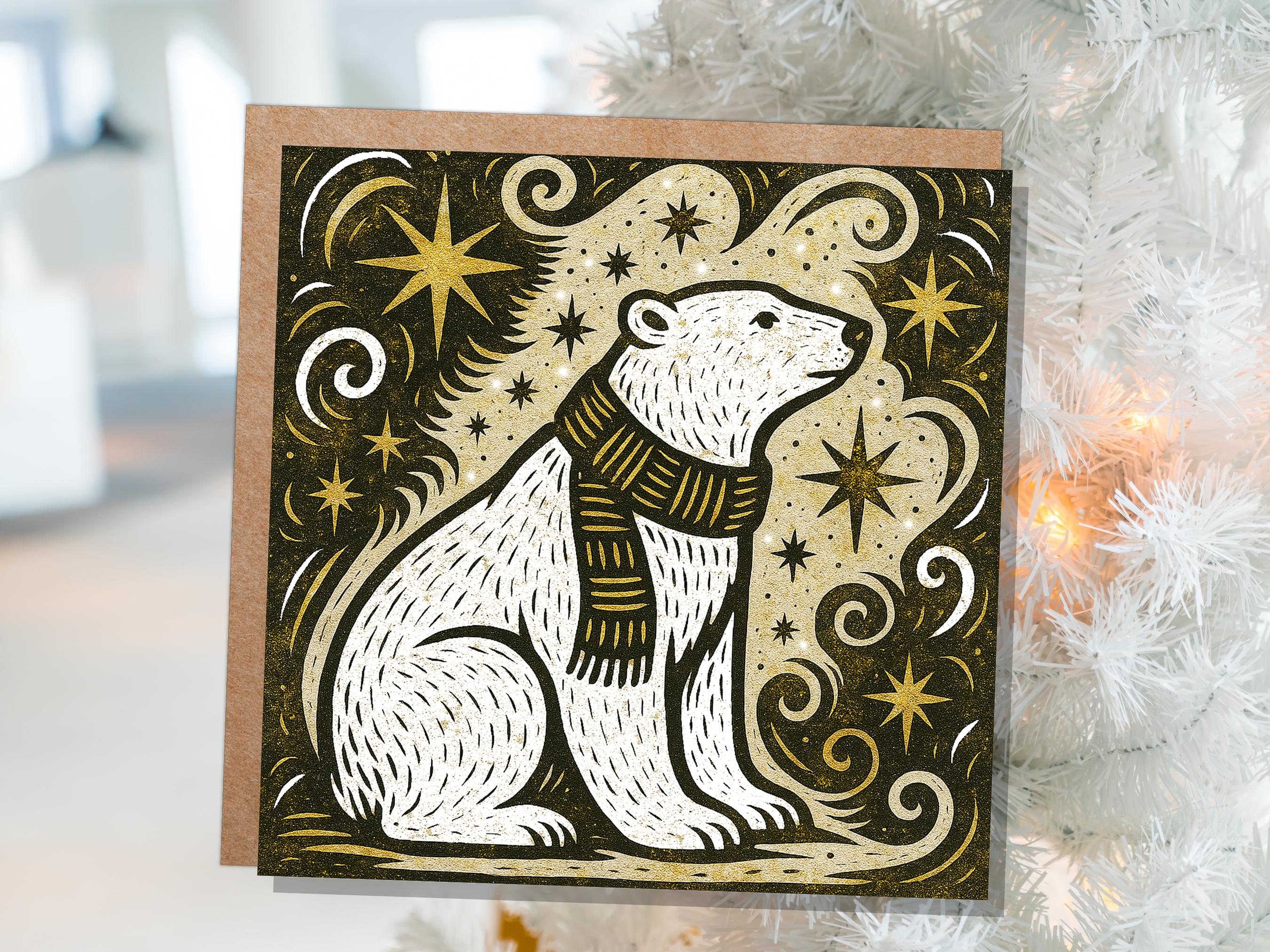 Winter Polar Bear Card Linocut Starry Night Snow Scene Cosmic Star Christmas Cards Holiday Greetings Animal Lover Festive Kraft Scandi Art - View 9