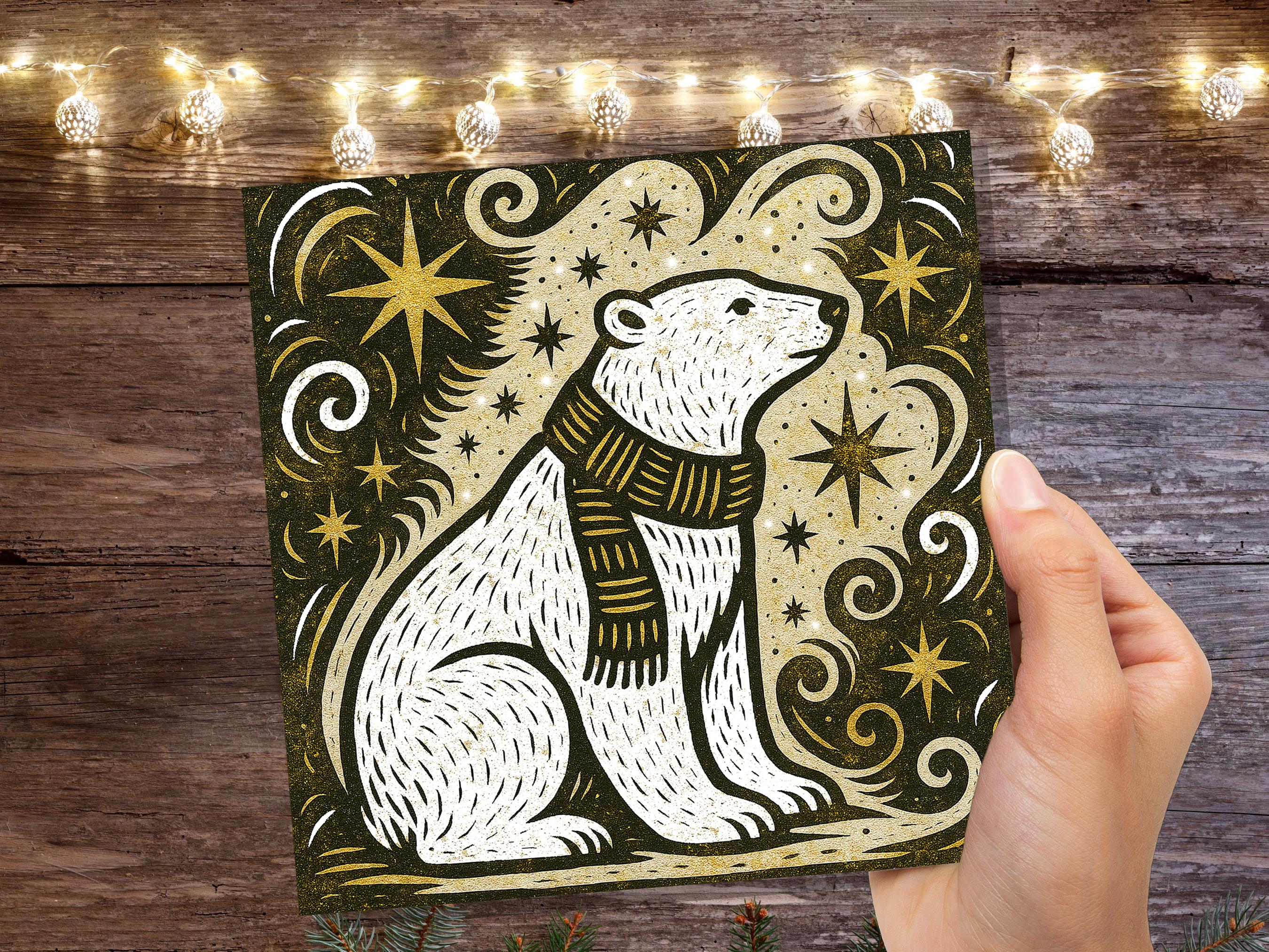 Winter Polar Bear Card Linocut Starry Night Snow Scene Cosmic Star Christmas Cards Holiday Greetings Animal Lover Festive Kraft Scandi Art - View 2
