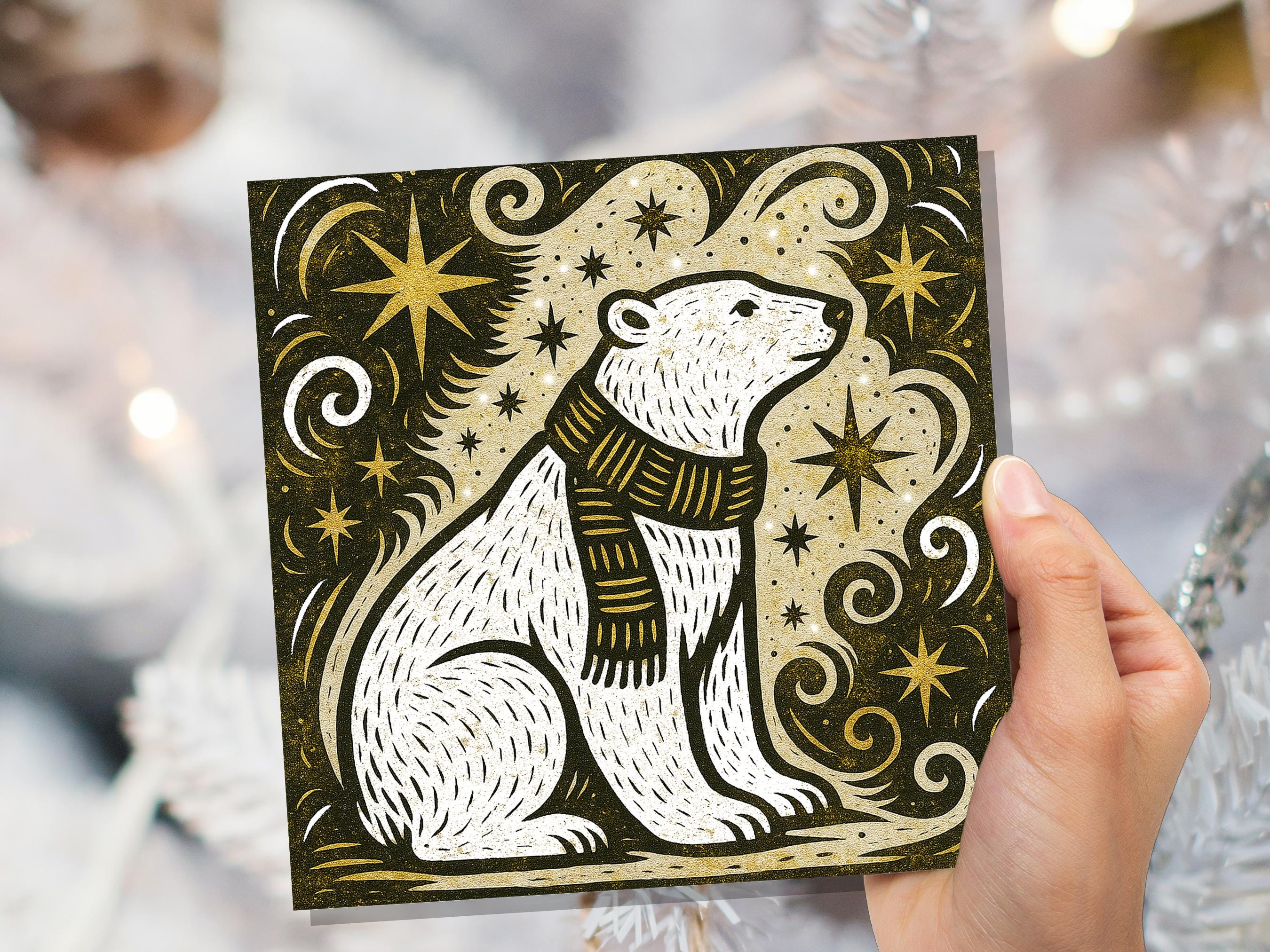Winter Polar Bear Card Linocut Starry Night Snow Scene Cosmic Star Christmas Cards Holiday Greetings Animal Lover Festive Kraft Scandi Art